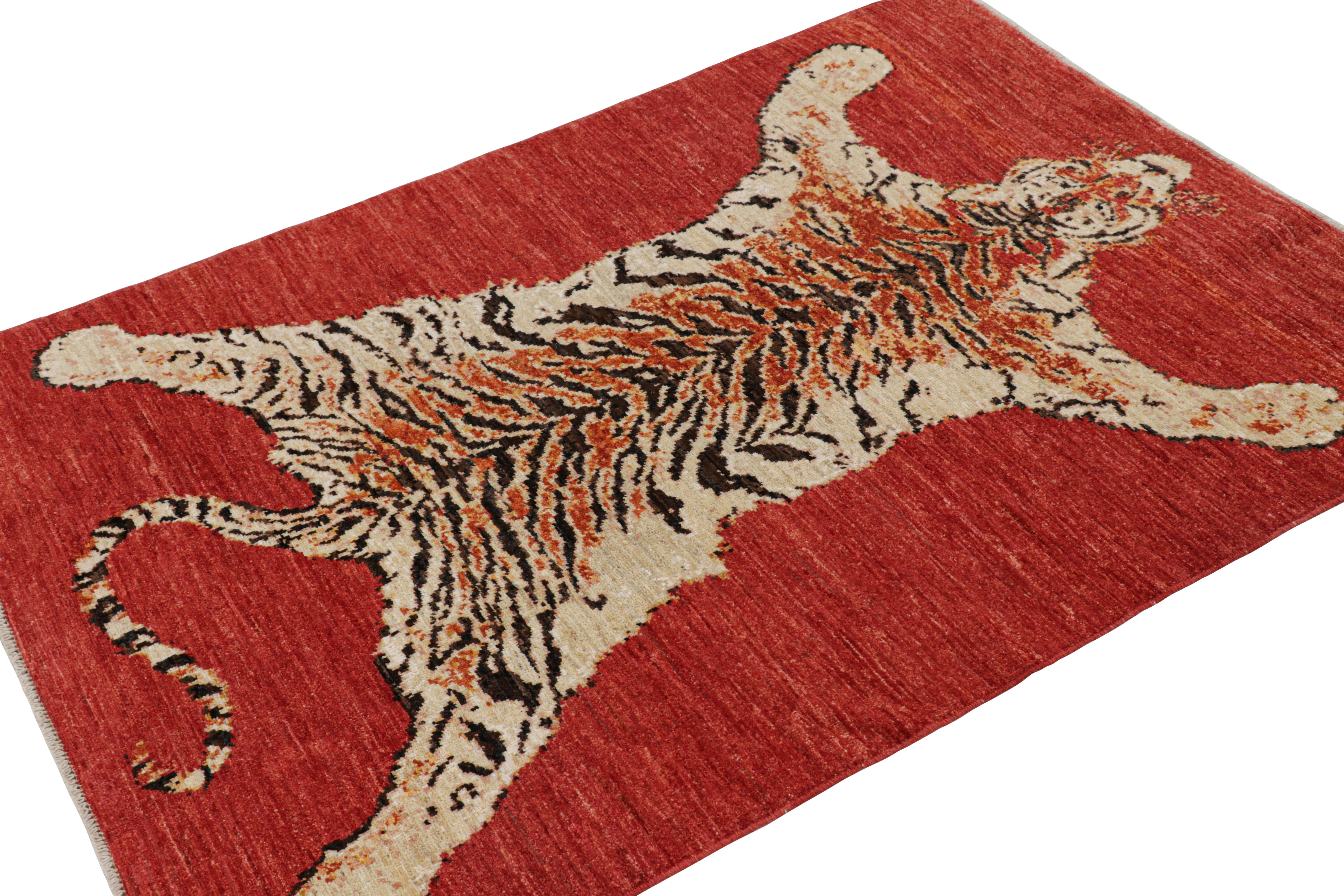 Afghan Rug & Kilim's Tiger Skin Rug in Red with Orange and Beige-Brown Pictorial (en anglais) en vente