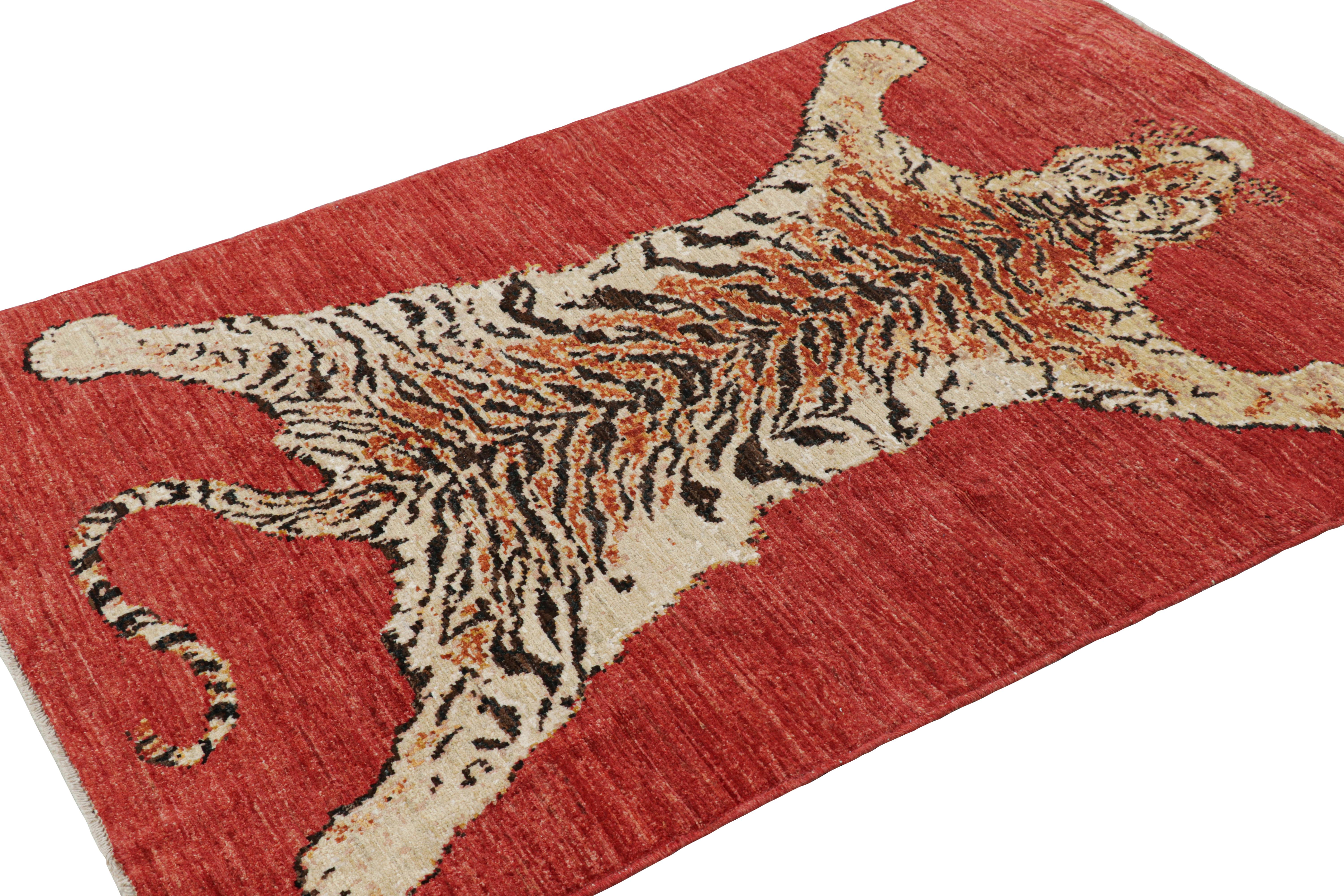 Afghan Rug & Kilim’s Tiger Skin Rug in Red with Orange and Beige-Brown Pictorial For Sale