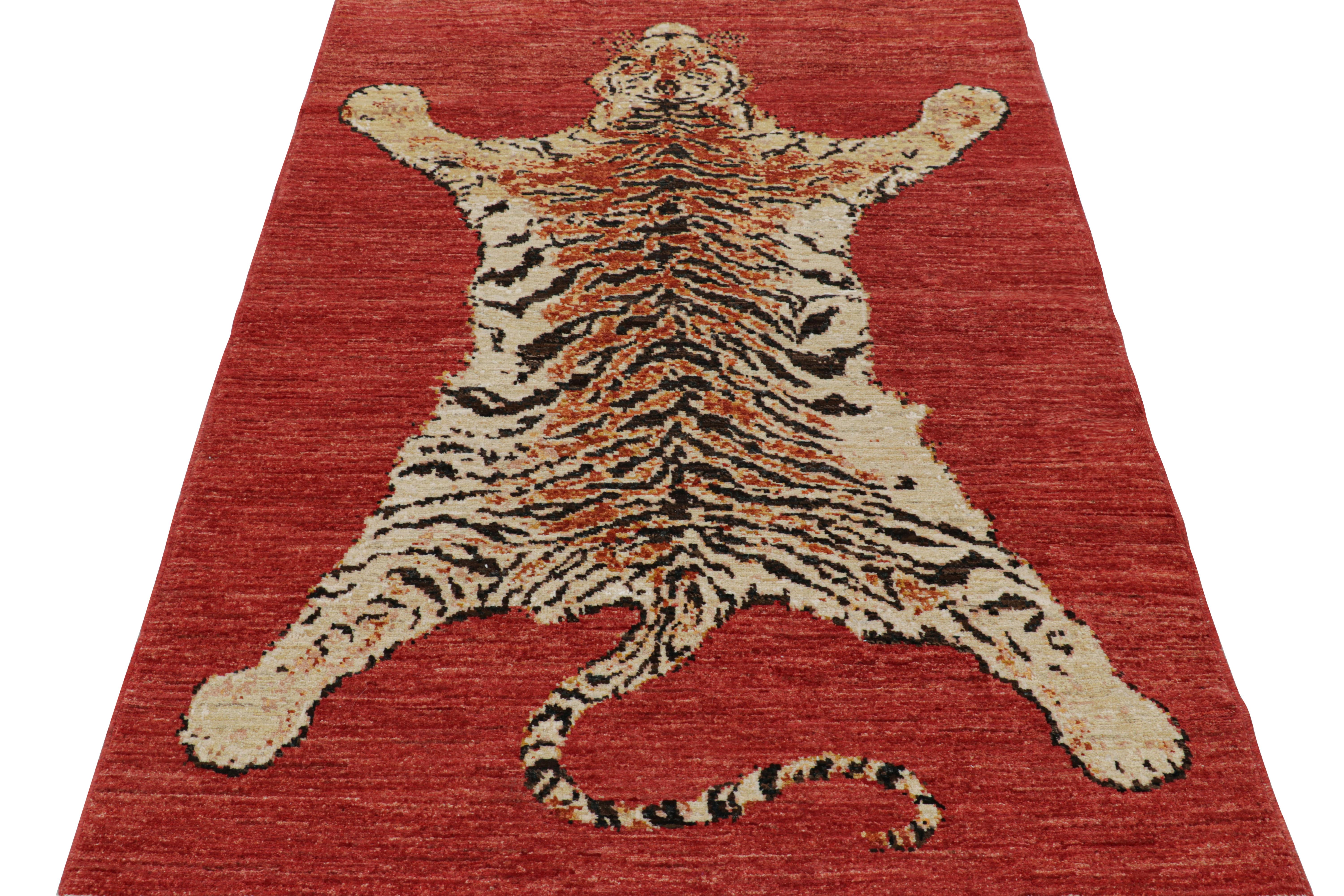 Hand-Knotted Rug & Kilim’s Tiger Skin Rug in Red with Orange and Beige-Brown Pictorial For Sale