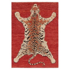 Rug & Kilim’s Tiger Skin Rug in Red with Orange and Beige-Brown Pictorial
