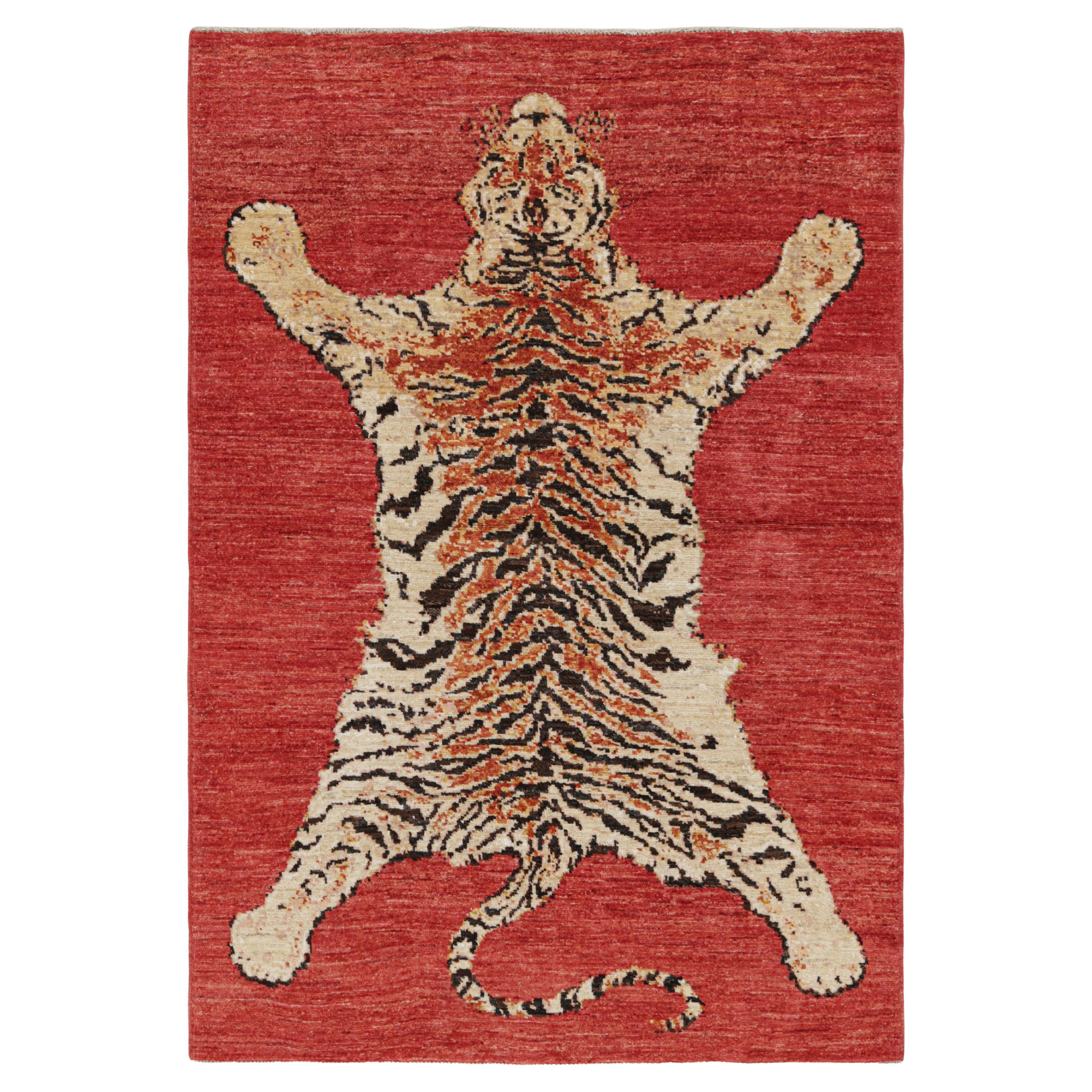 Rug & Kilim’s Tiger Skin Rug in Red with Orange and Beige-Brown Pictorial