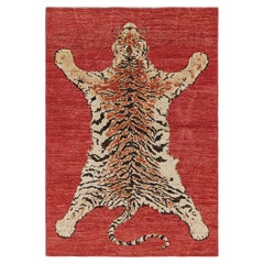 Rug & Kilim’s Tiger Skin Rug in Red with Orange and Beige-Brown Pictorial