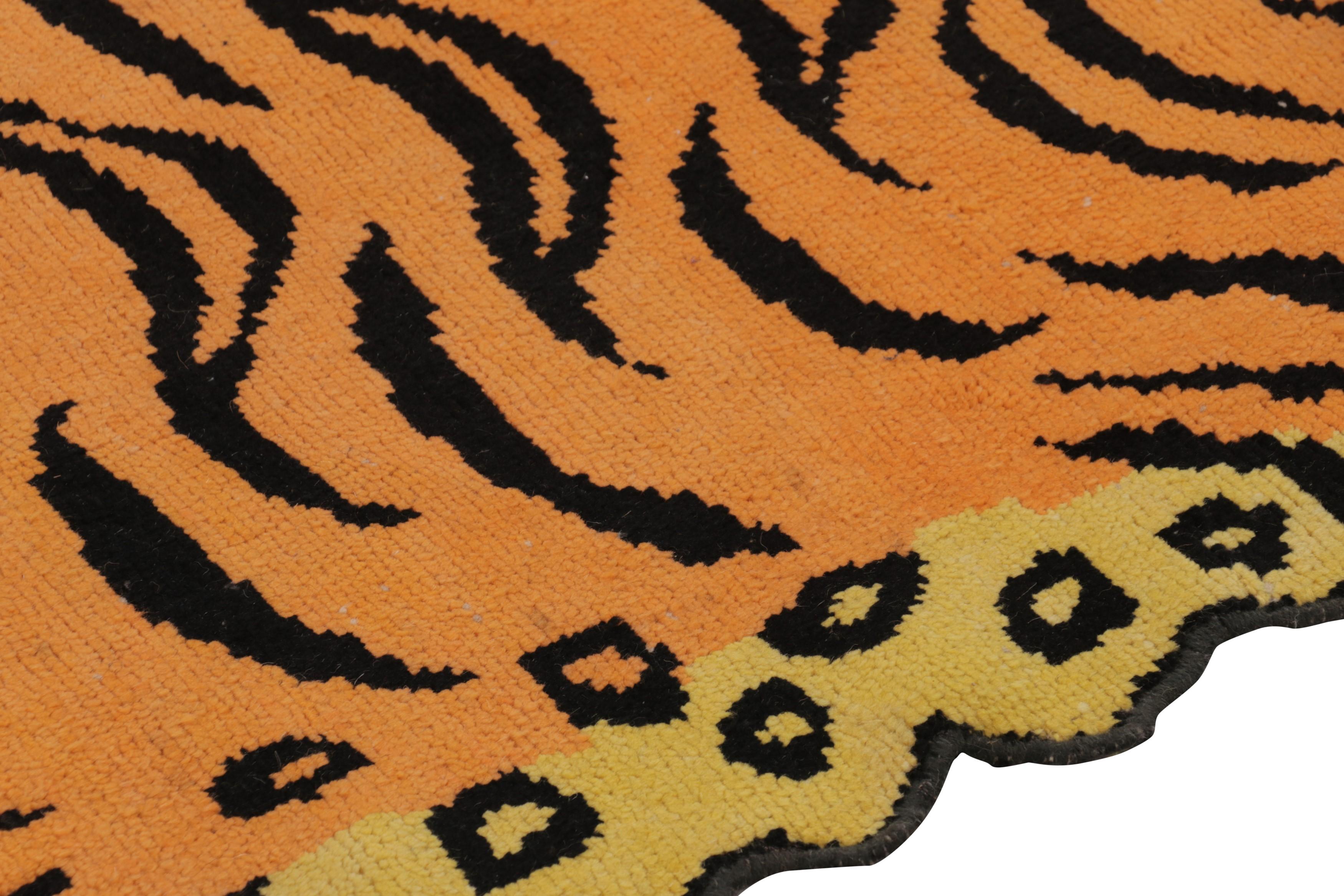 Hand-knotted in wool, this 5x8 modern tiger skin rug originating from Turkey, is a bold addition to the Rug & Kilim Tiger rugs line of their Modern Classics Collection. 

On the Design: 

This pictorial representation of an animal pelt pattern