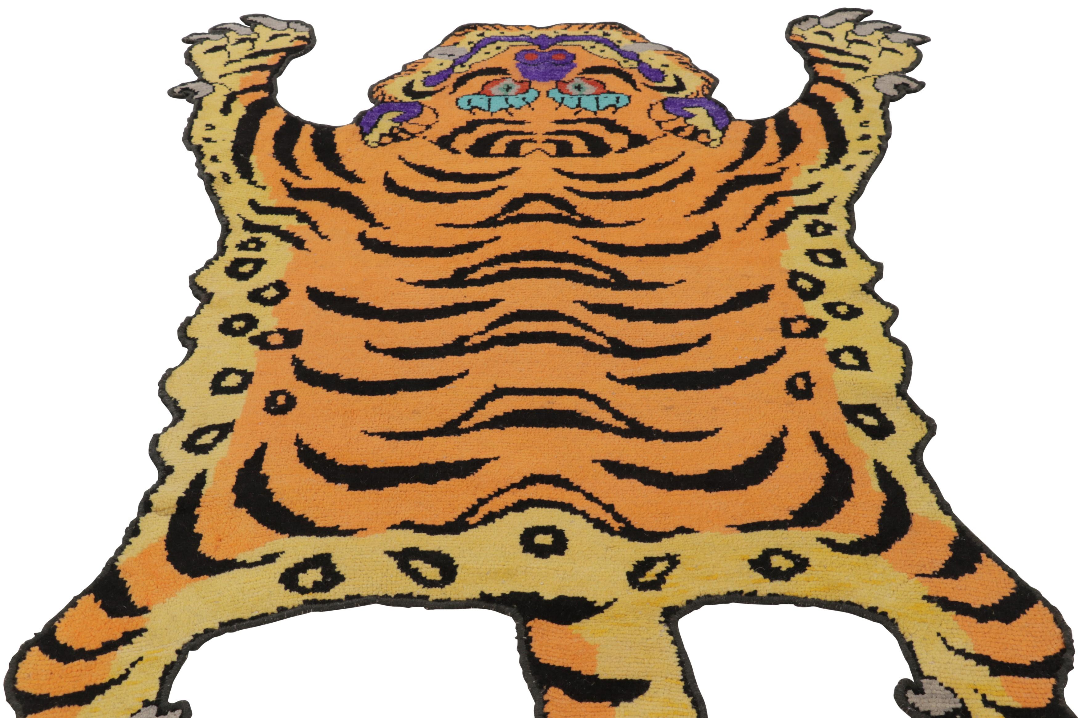 Turkish Rug & Kilim’s Tiger Skin Rug in Rust with Black and Gold Pictorial For Sale