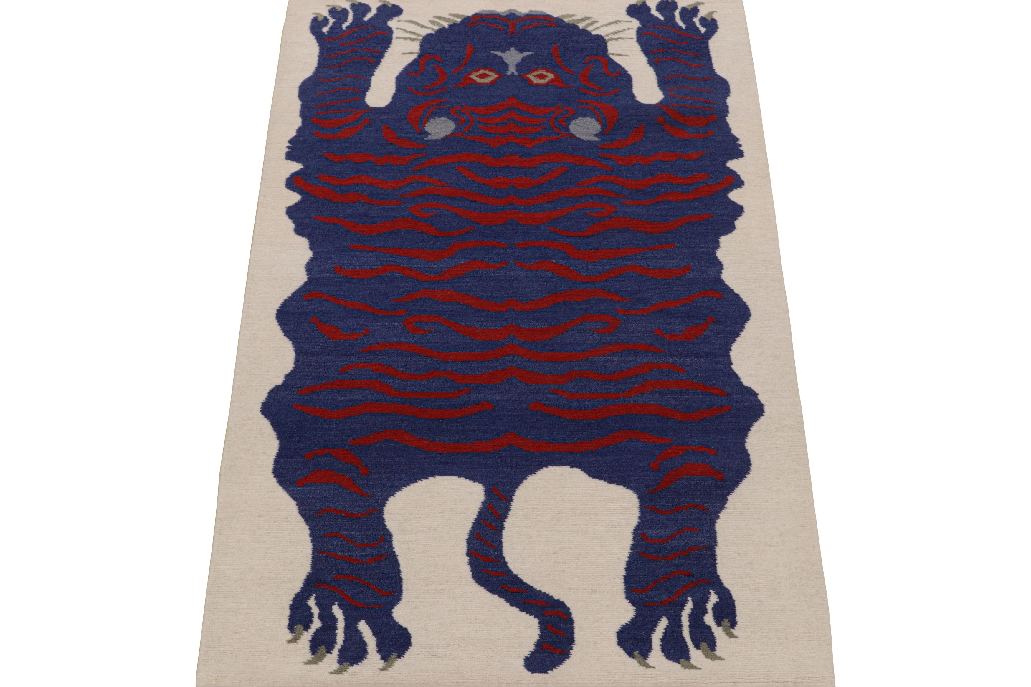 Nepalese Rug & Kilim’s Tiger-Skin Rug in White with Blue & Red Pictorial For Sale