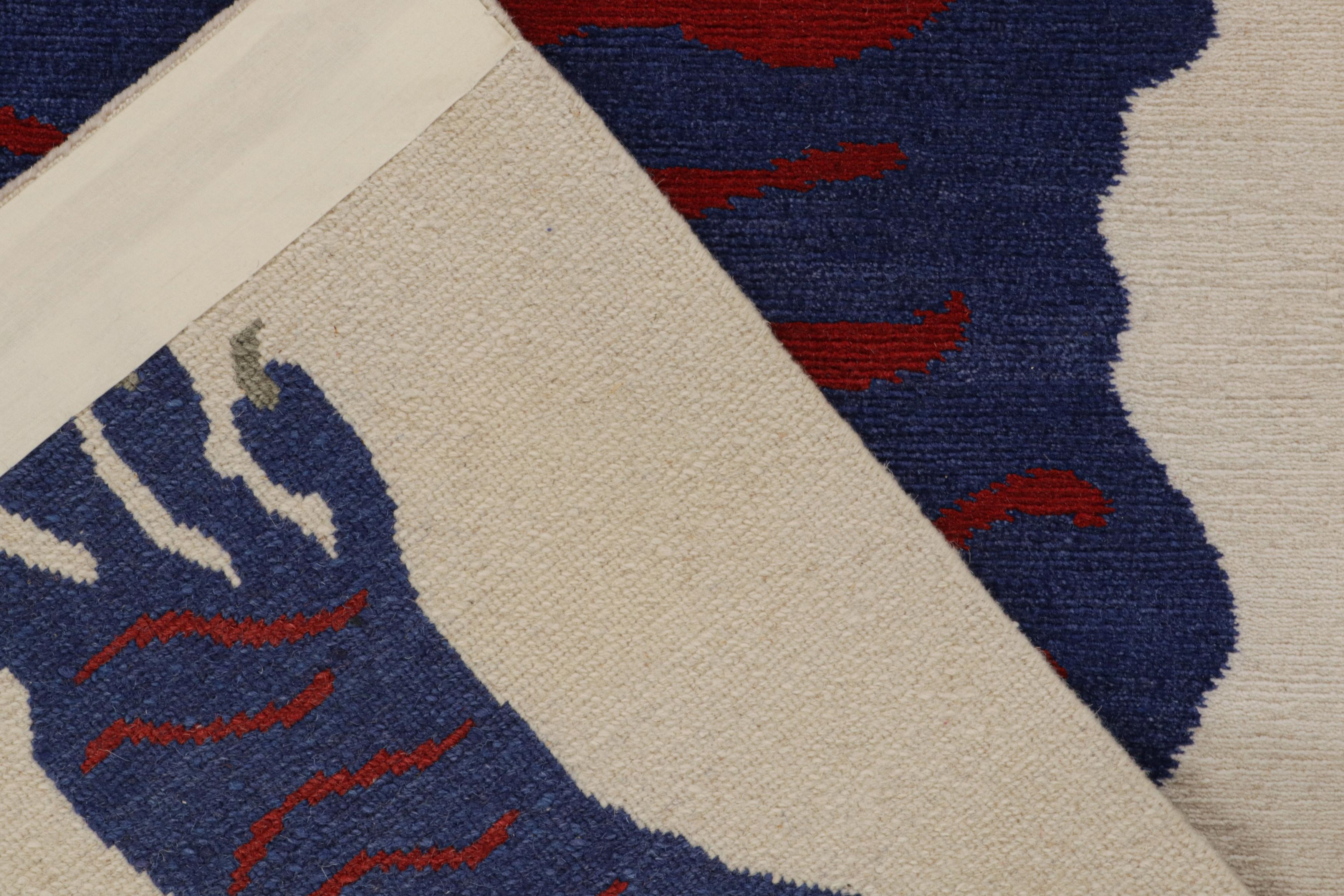 Lana Rug & Kilim’s Tiger-Skin Rug in White with Blue & Red Pictorial in vendita
