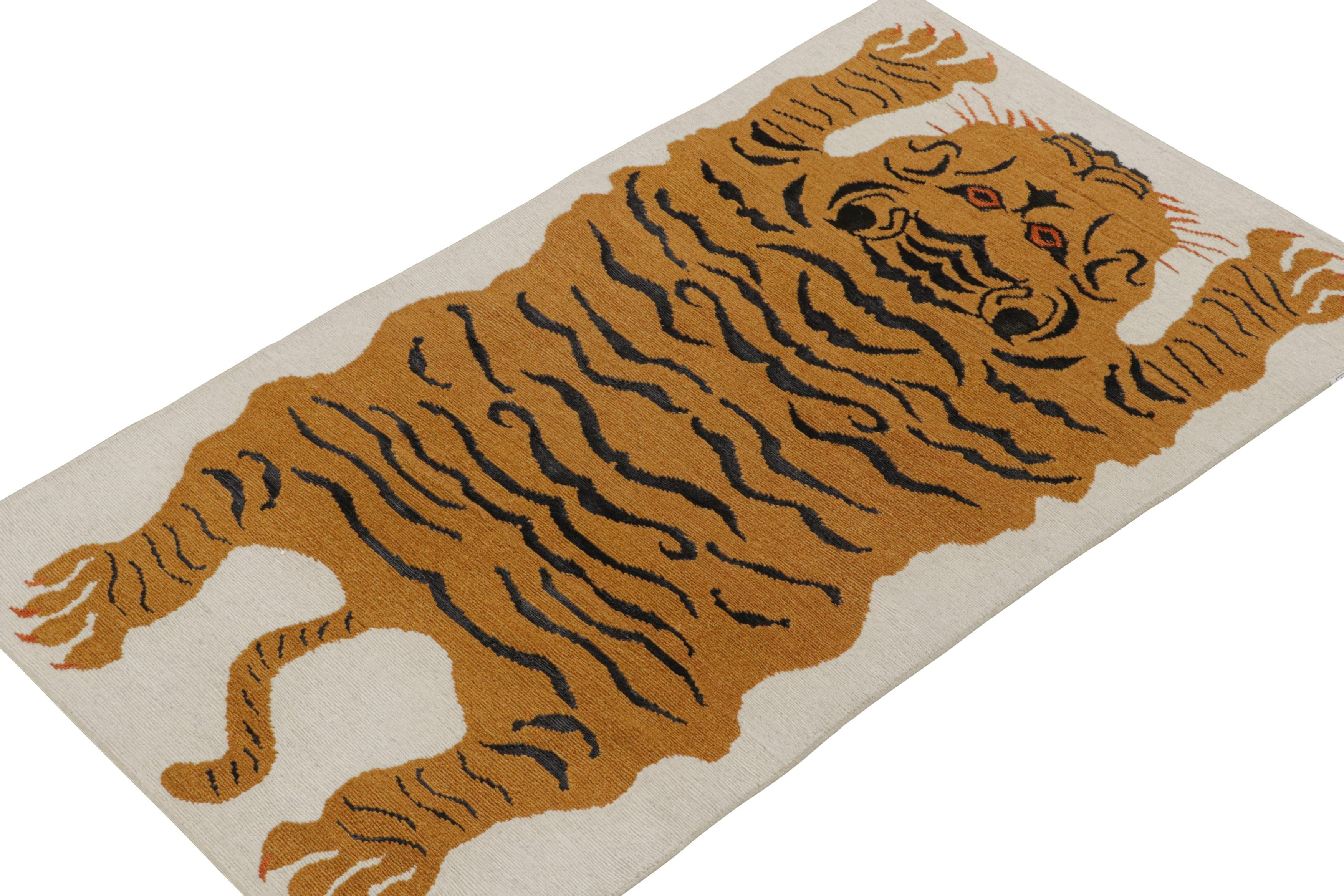 This rug design is a bold new addition to Rug & Kilim’s Tigers Collection. Our collection spans several cultures and recaptures iconic pictorial styles in folk art and handmade antique Oriental rugs alike. 

Further on the Design:

These photos