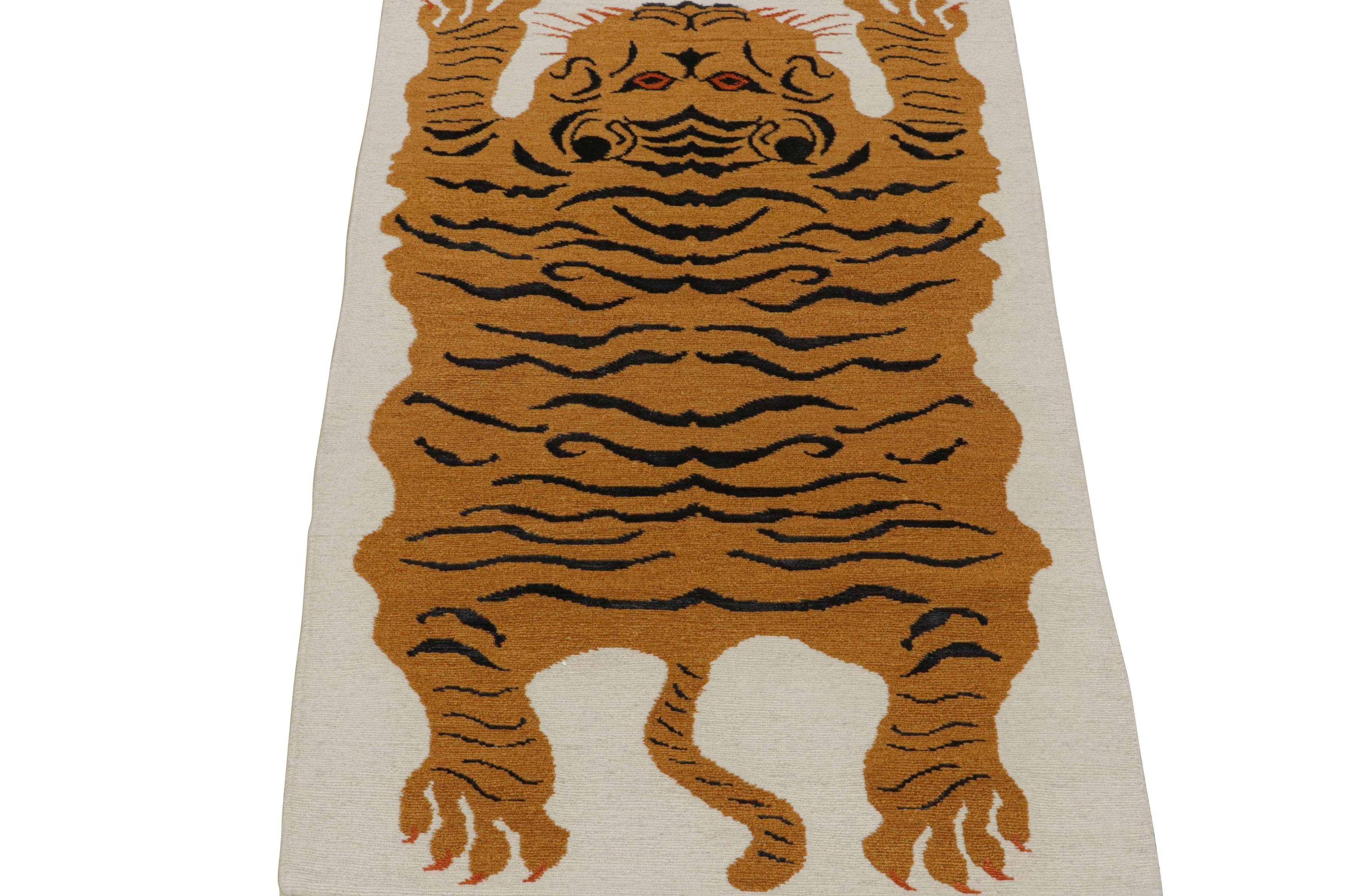 Nepalese Rug & Kilim’s Tiger-Skin Rug in White with Gold & Black Pictorial For Sale