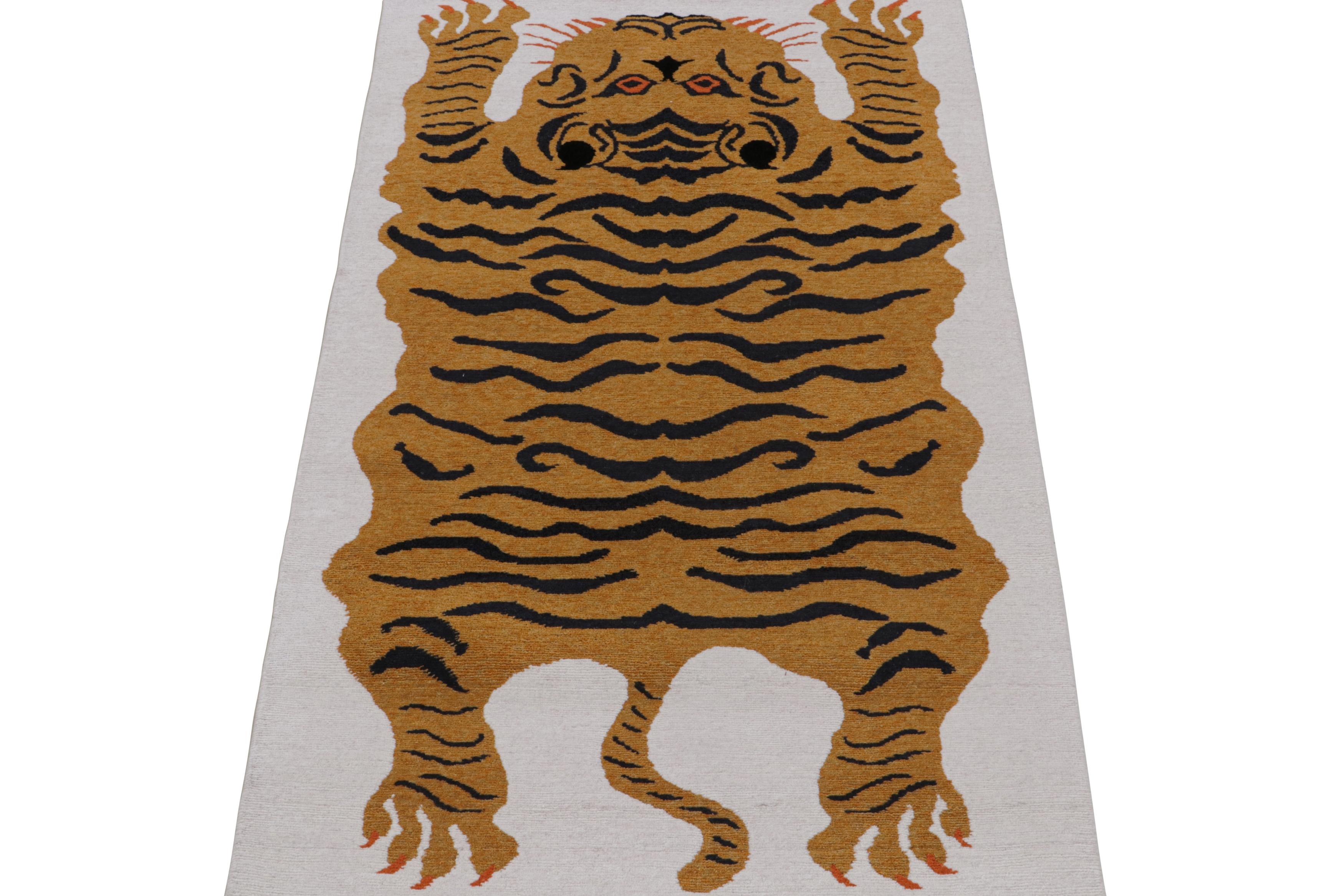 Nepalese Rug & Kilim’s Tiger-Skin Rug in White with Gold & Black Pictorial For Sale