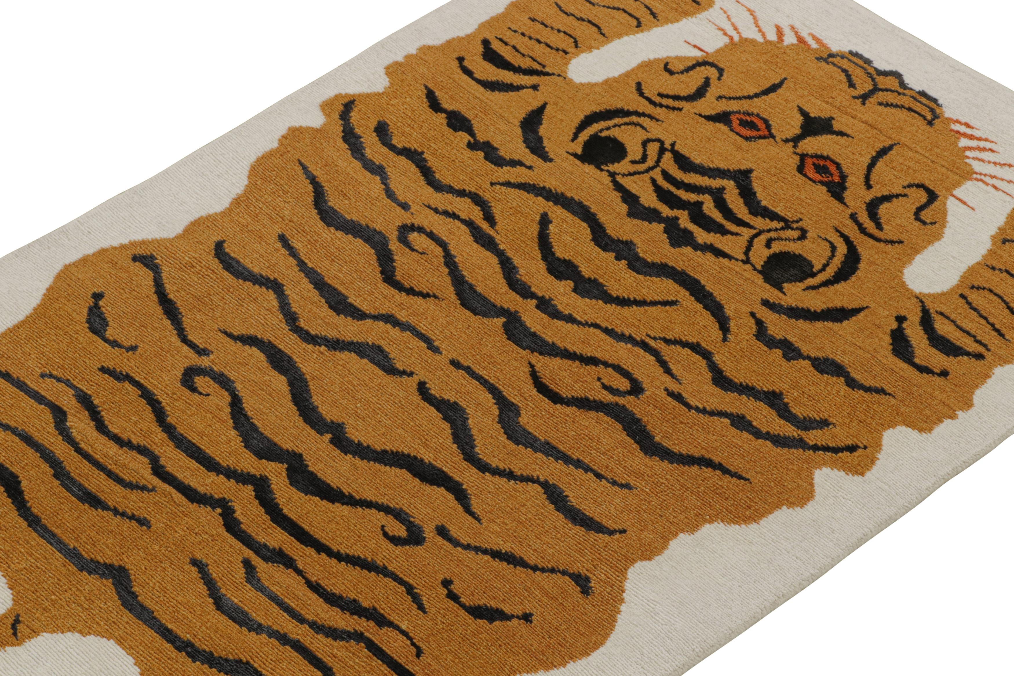 Hand-Knotted Rug & Kilim’s Tiger-Skin Rug in White with Gold & Black Pictorial