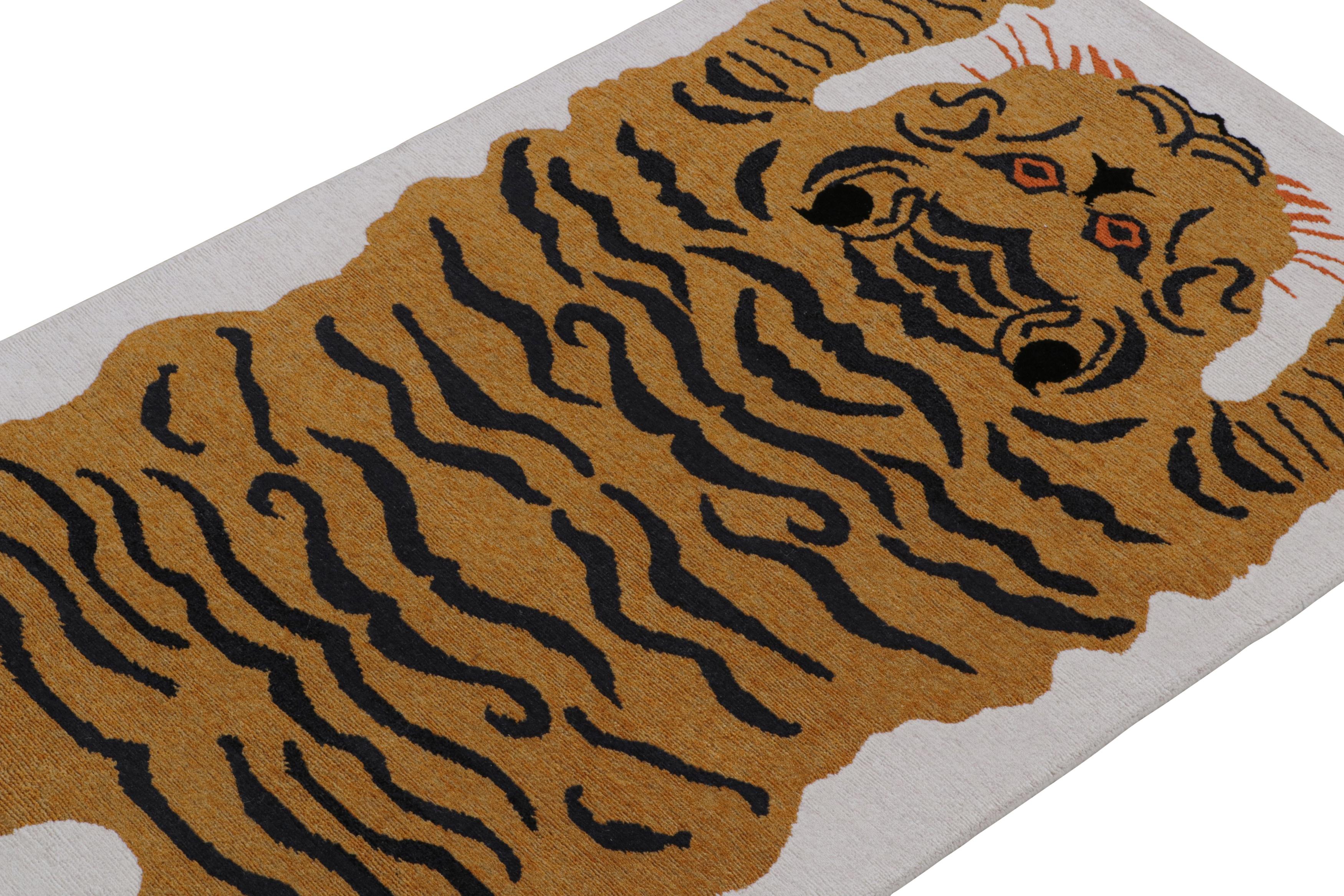 Hand-Knotted Rug & Kilim’s Tiger-Skin Rug in White with Gold & Black Pictorial For Sale