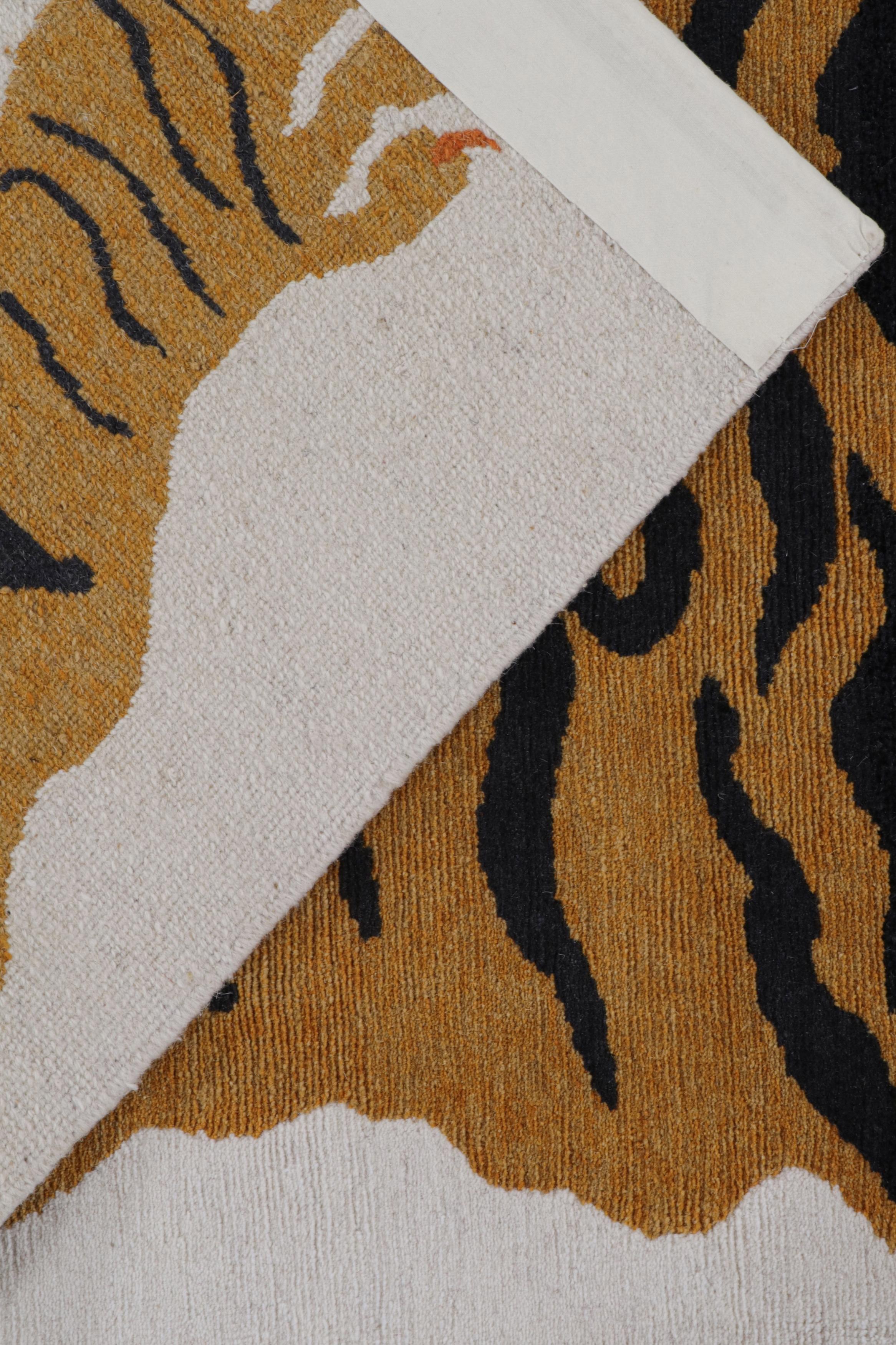 Wool Rug & Kilim’s Tiger-Skin Rug in White with Gold & Black Pictorial For Sale