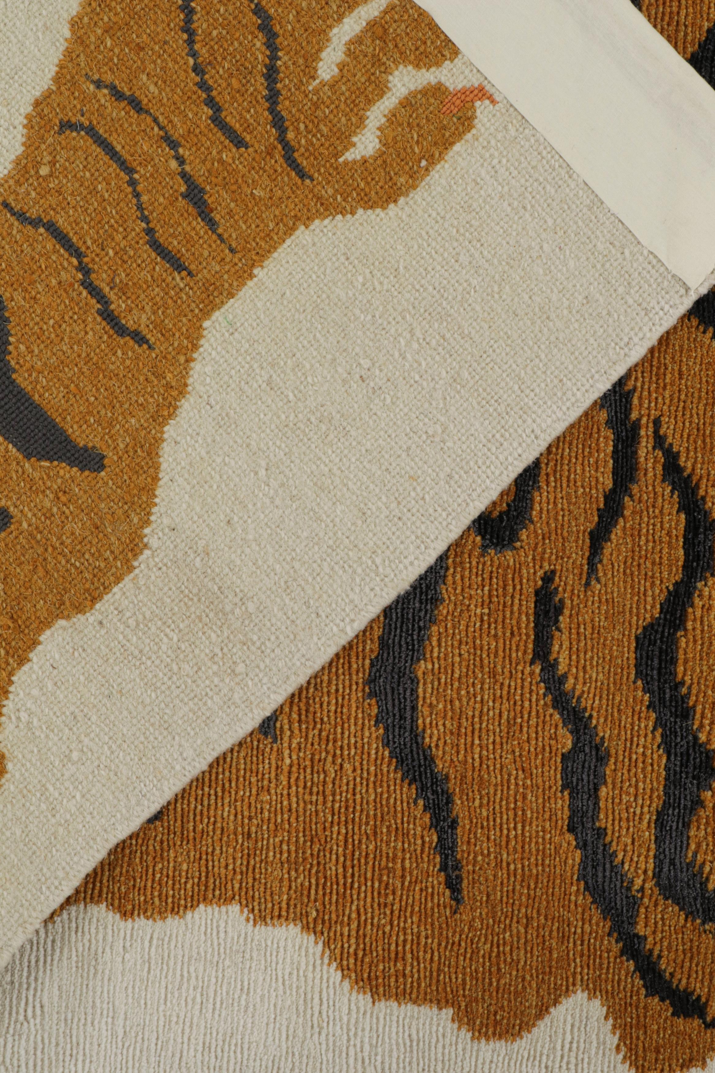 Wool Rug & Kilim’s Tiger-Skin Rug in White with Gold & Black Pictorial For Sale
