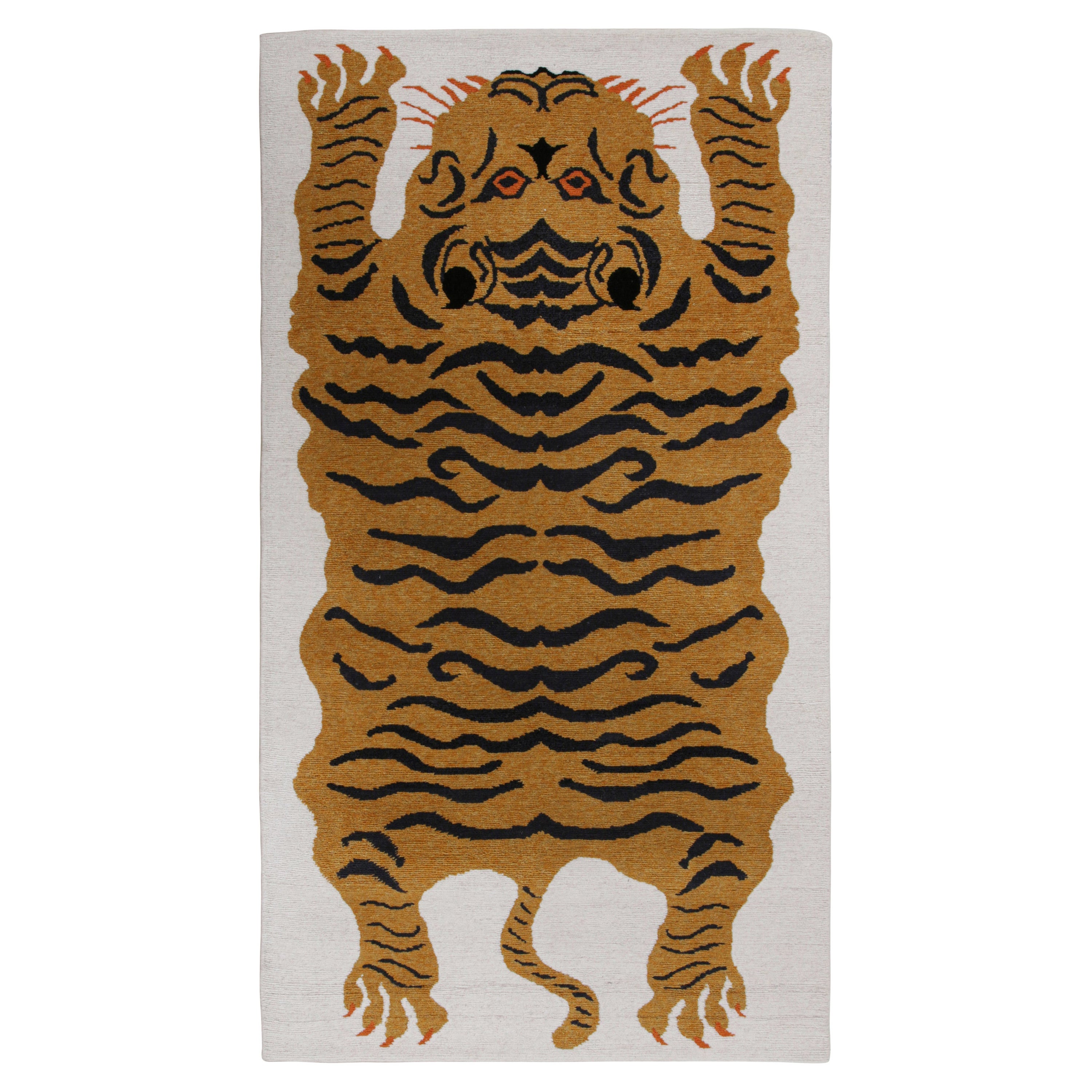 Rug & Kilim’s Tiger-Skin Rug in White with Gold & Black Pictorial For Sale