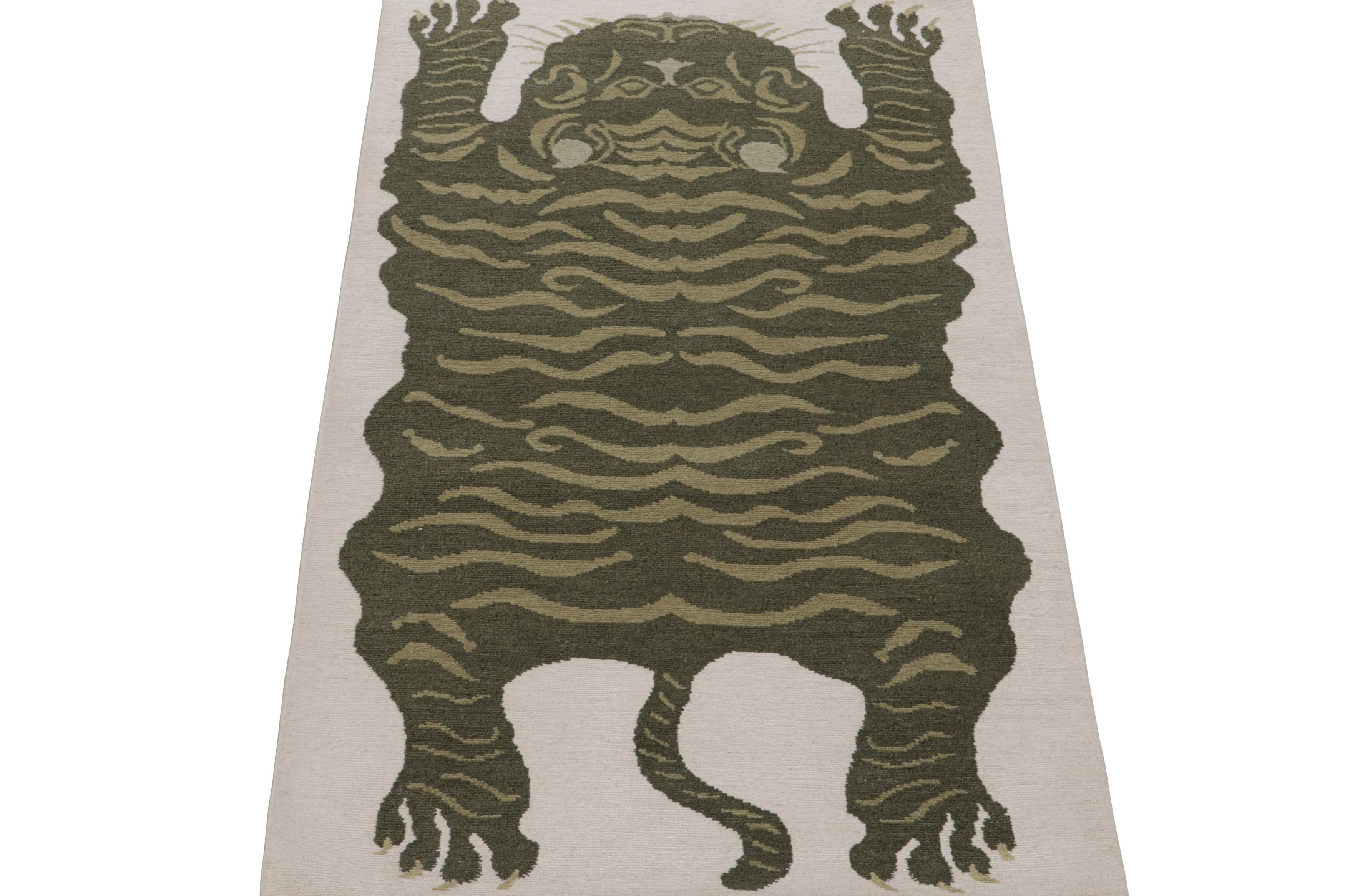 Nepalese Rug & Kilim’s Tiger-Skin Rug in White with Pictorials in Tones of Green For Sale