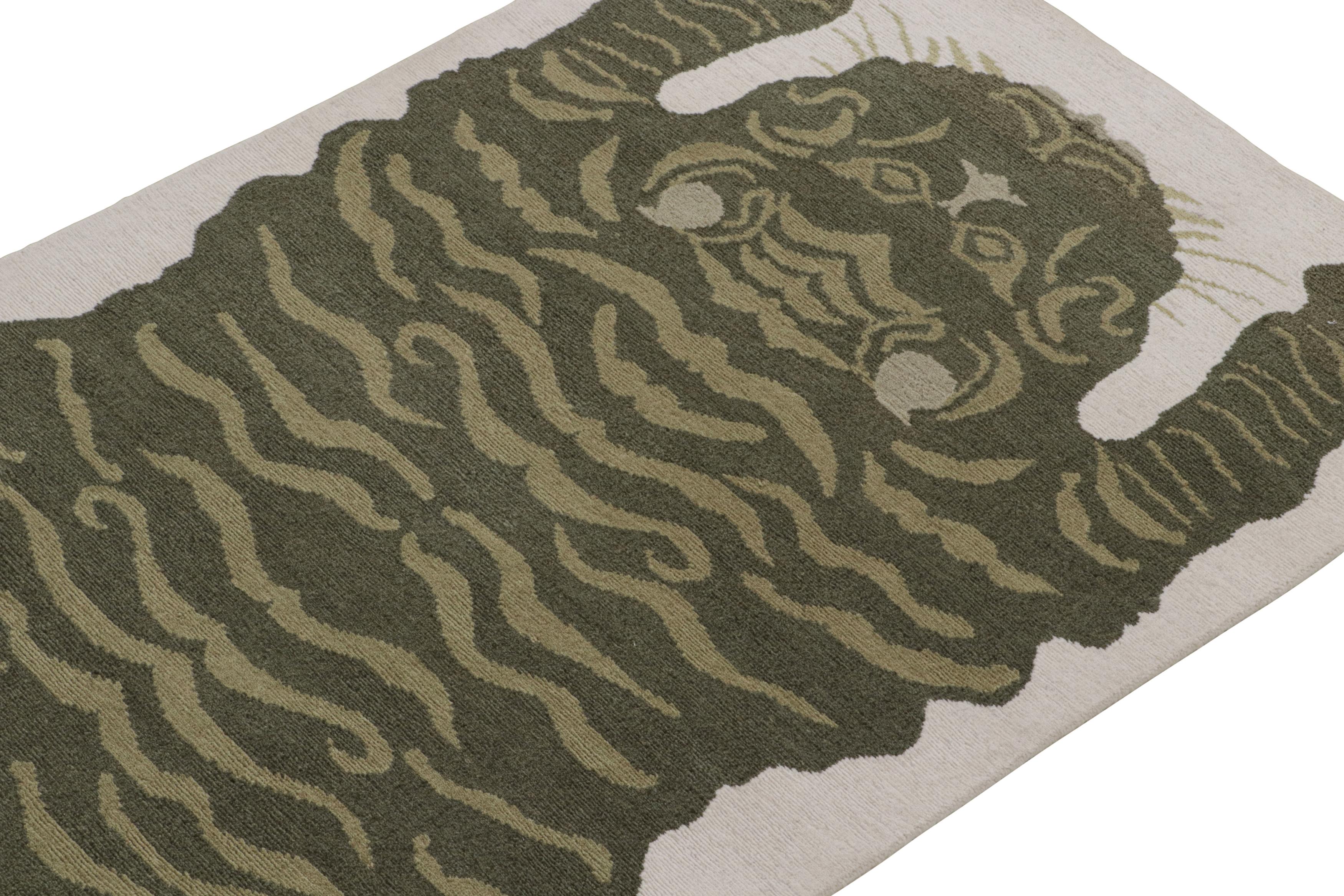 Hand-Knotted Rug & Kilim’s Tiger-Skin Rug in White with Pictorials in Tones of Green For Sale