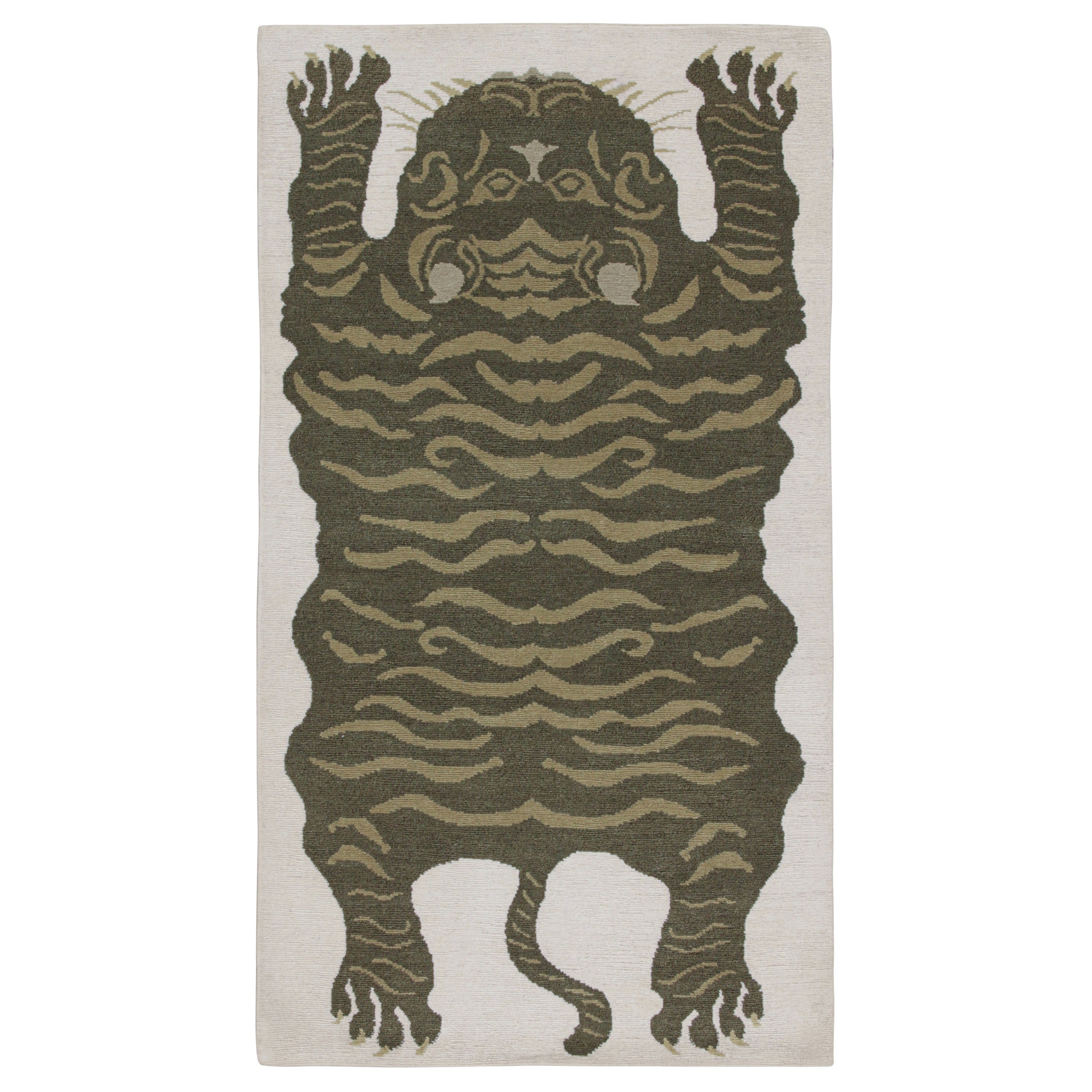 Rug & Kilim’s Tiger-Skin Rug in White with Pictorials in Tones of Green For Sale