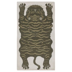 Rug & Kilim’s Tiger-Skin Rug in White with Pictorials in Tones of Green