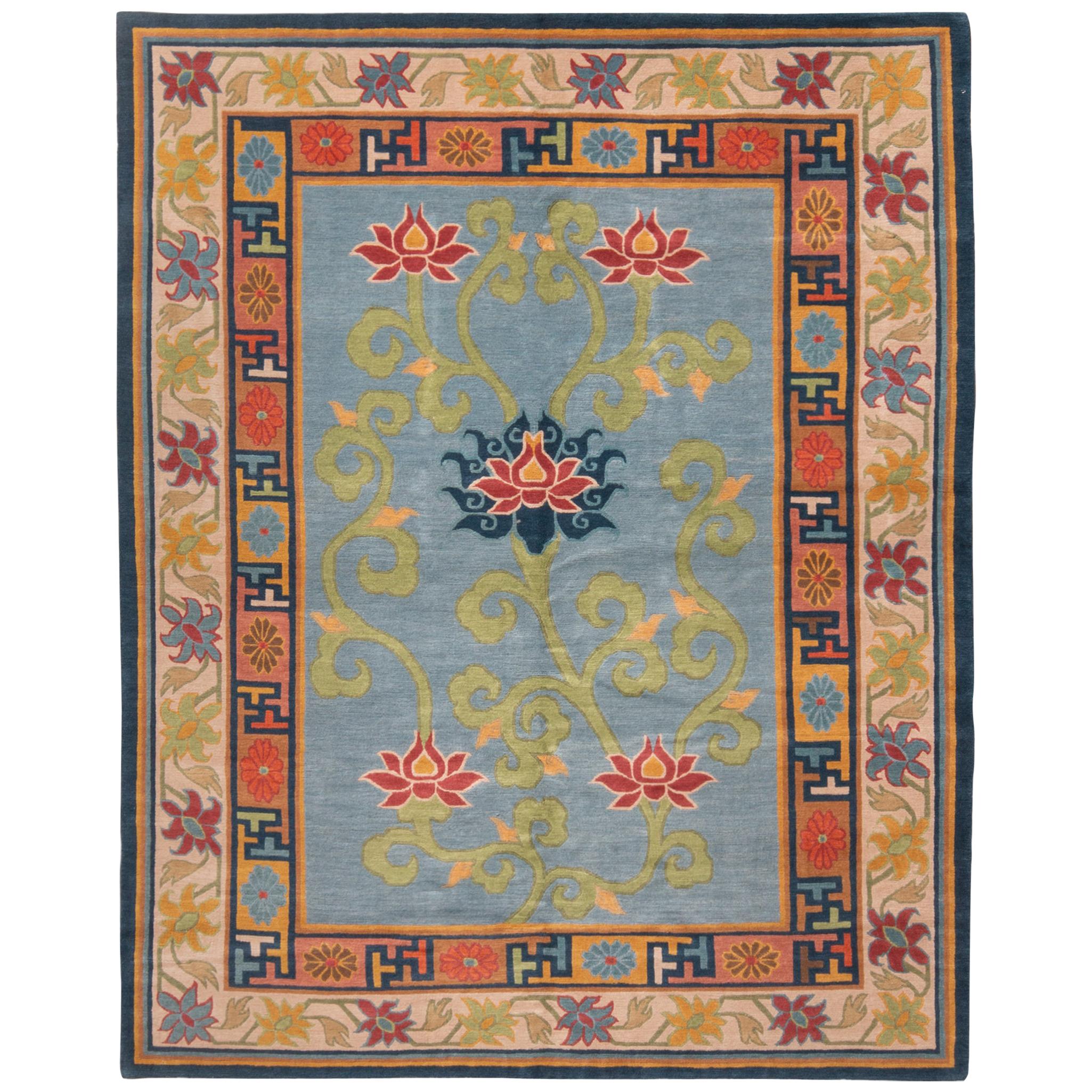 Rug & Kilim’s Traditional Blue and Golden-Beige Nepalese Wool Rug with Tradition