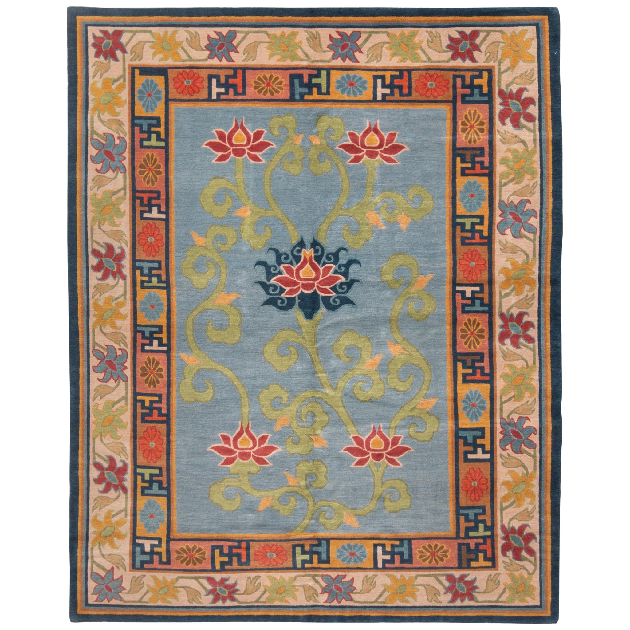 Alfombra tradicional de lana nepalesa azul y beige dorado con tradición de Rug & Kilim