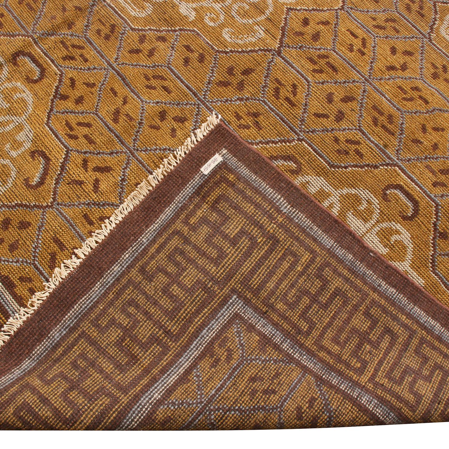Indian Rug & Kilim's Traditional Khotan Style Geometric Beige Brown and Blue Wool Rug For Sale