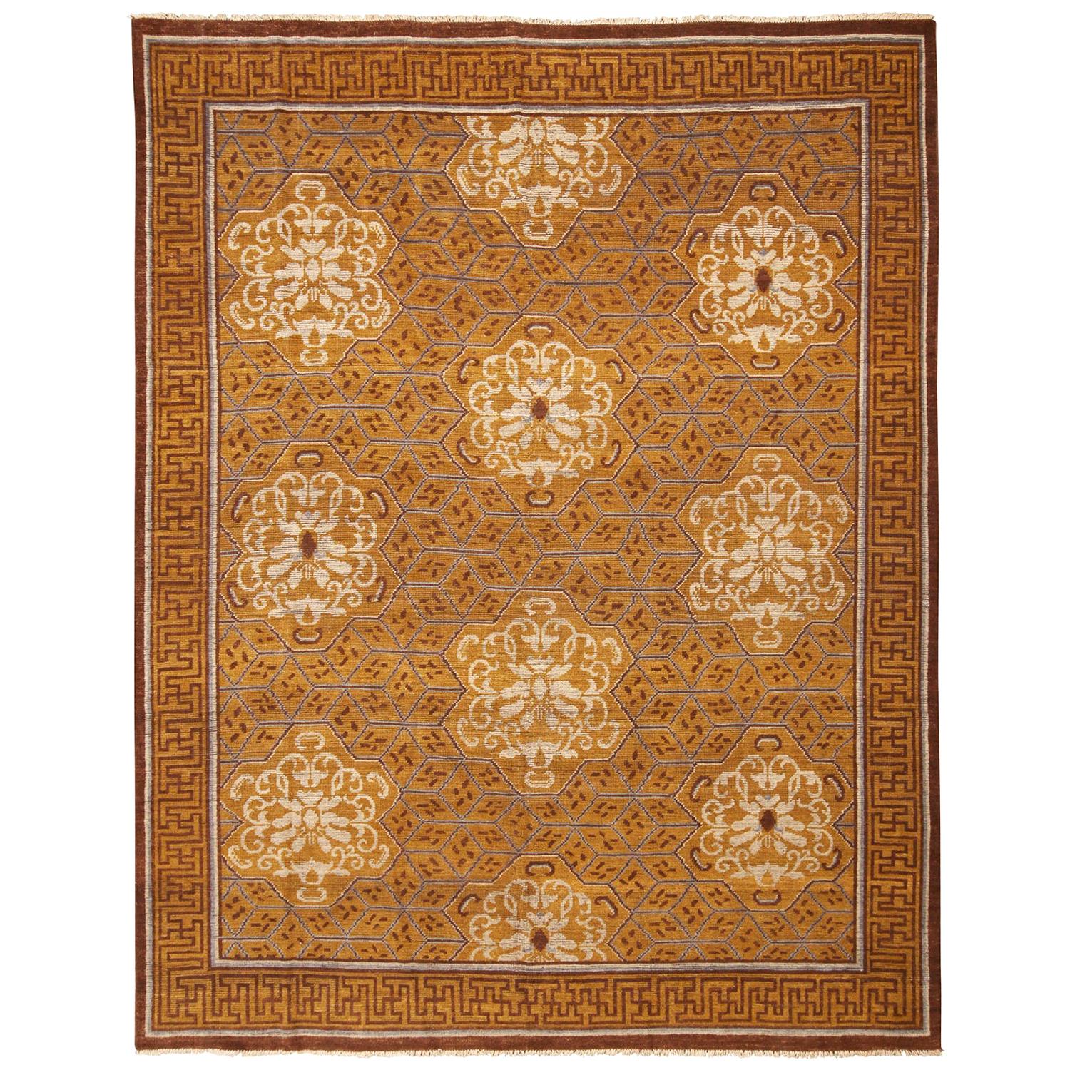 Rug & Kilim's Traditional Khotan Style Geometric Beige Brown and Blue Wool Rug For Sale