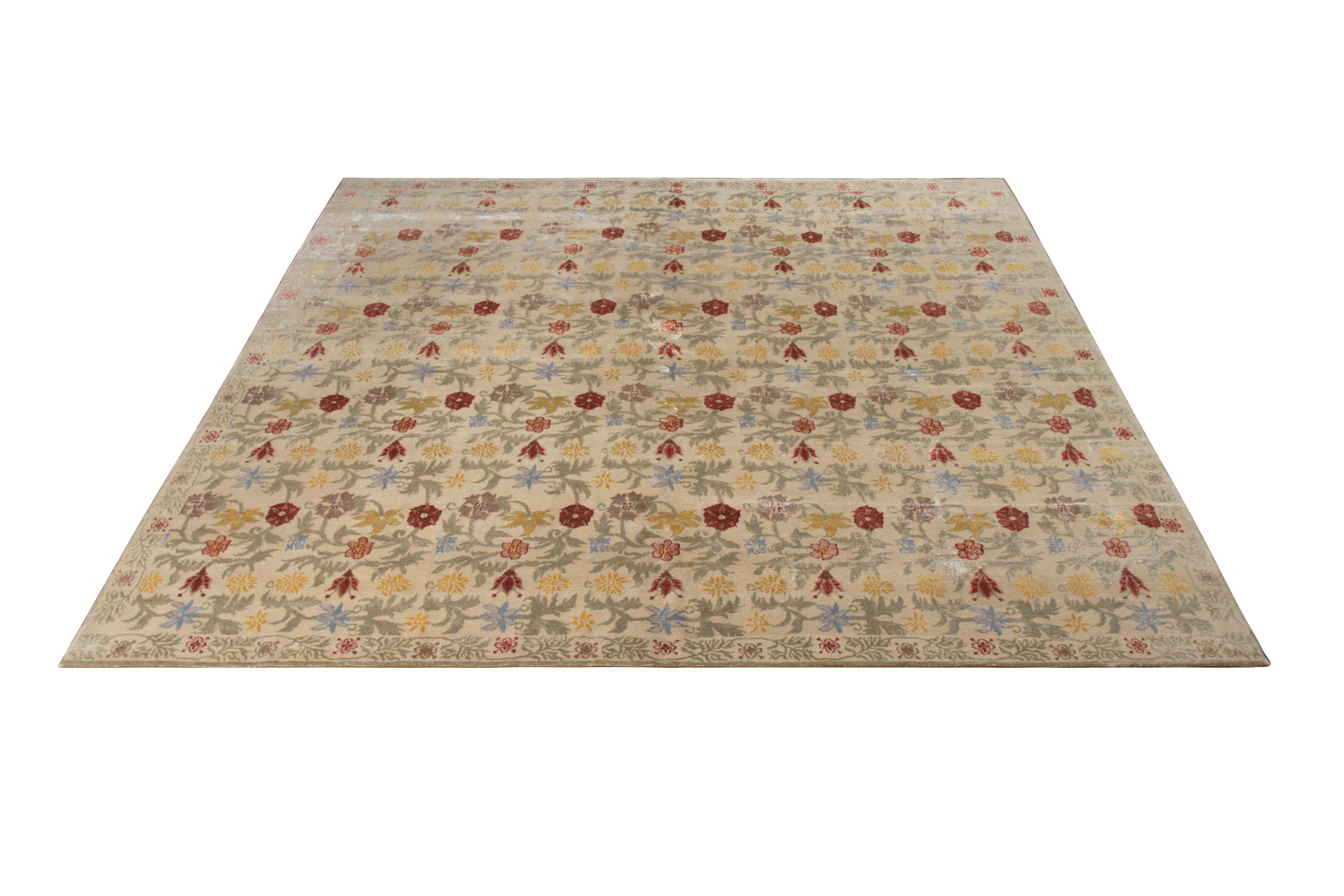 Hand knotted in all-natural silk and wool, this 8x10 transitional rug is an addition to the European rug collection by Rug & Kilim, affectionately dubbed “Bilbao” for the Spanish rug style of inspiration in this square rug’s gold-green and the red