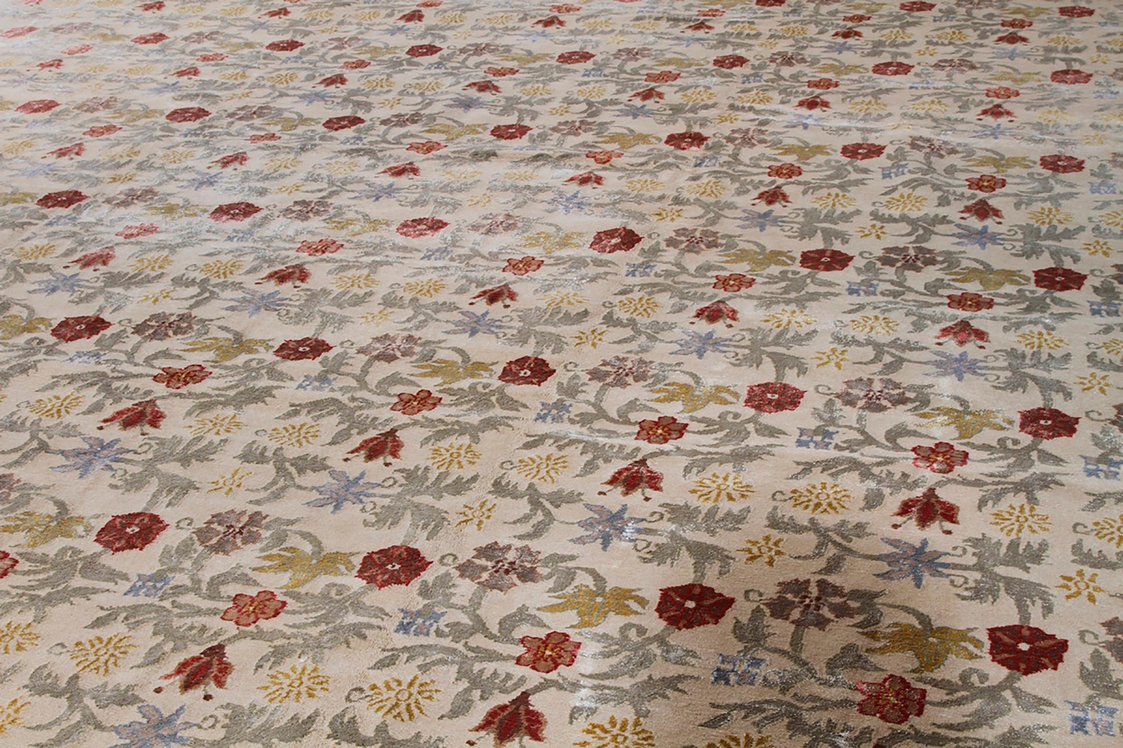 Other Rug & Kilim’s Transitional European Style Rug in Gold and Green All-Over Floral For Sale