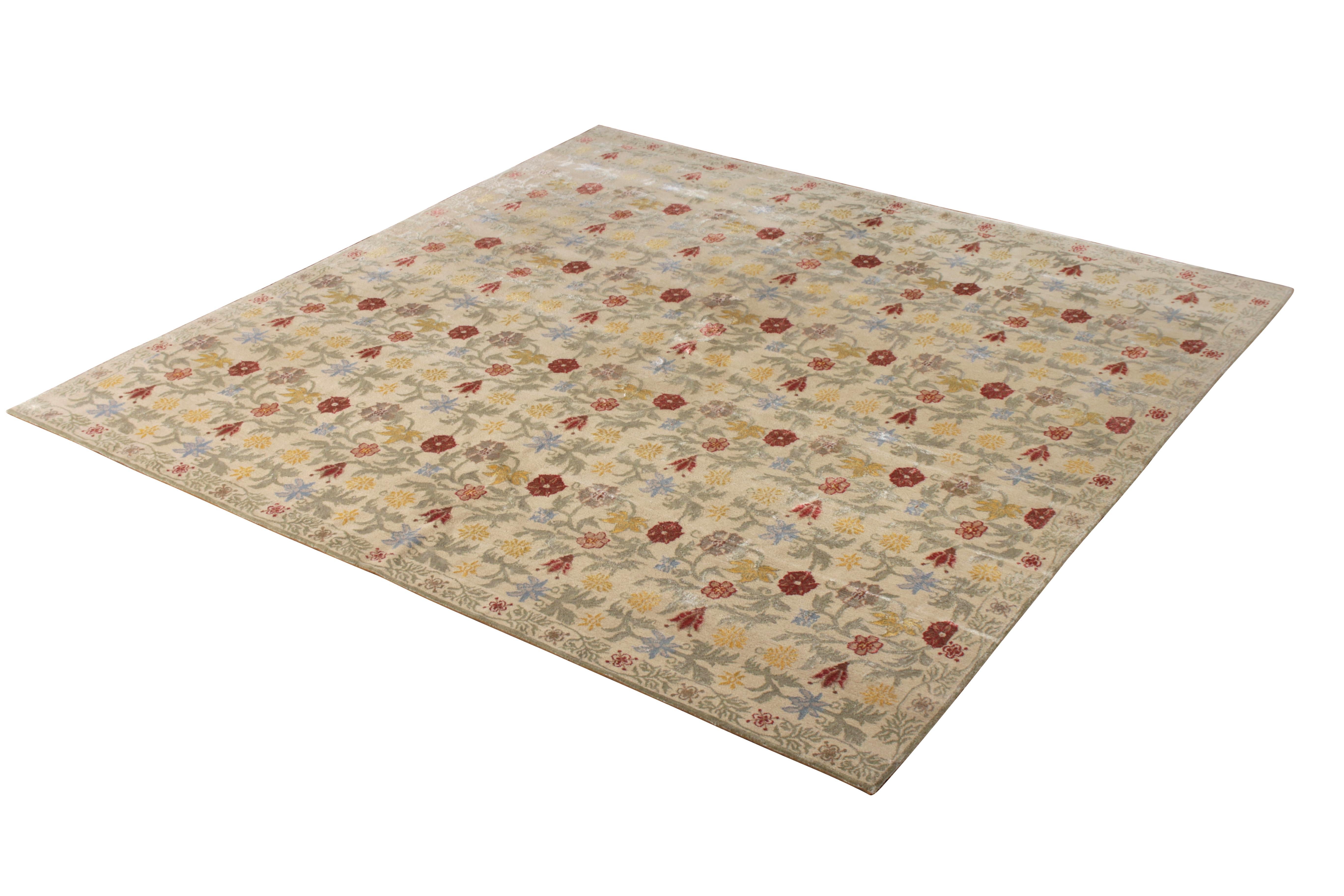 Art Deco Rug & Kilim’s Transitional European Style Rug in Gold and Green All-Over Floral For Sale