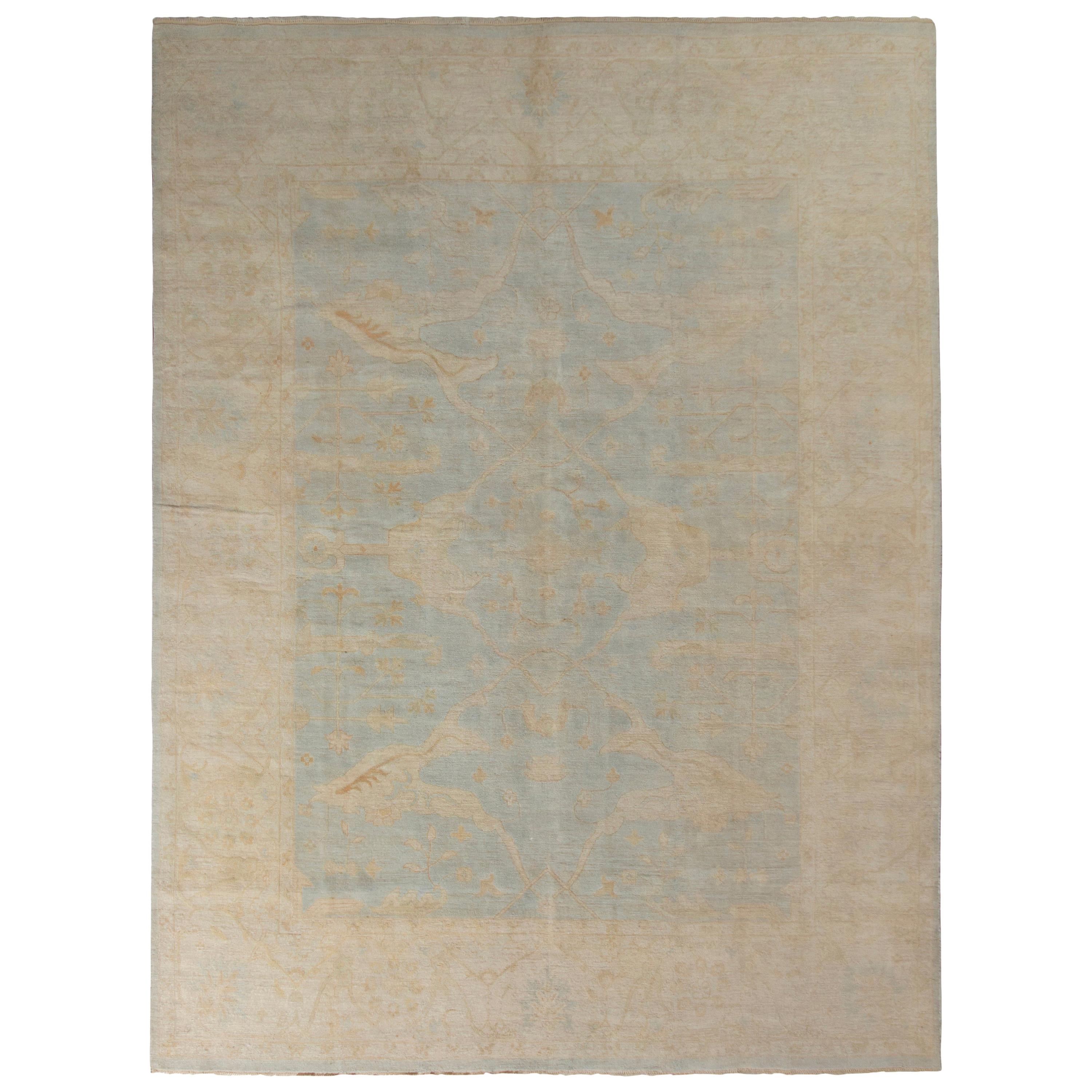 Rug & Kilim’s Transitional Oushak Style Rug in Beige and Blue Floral Pattern For Sale