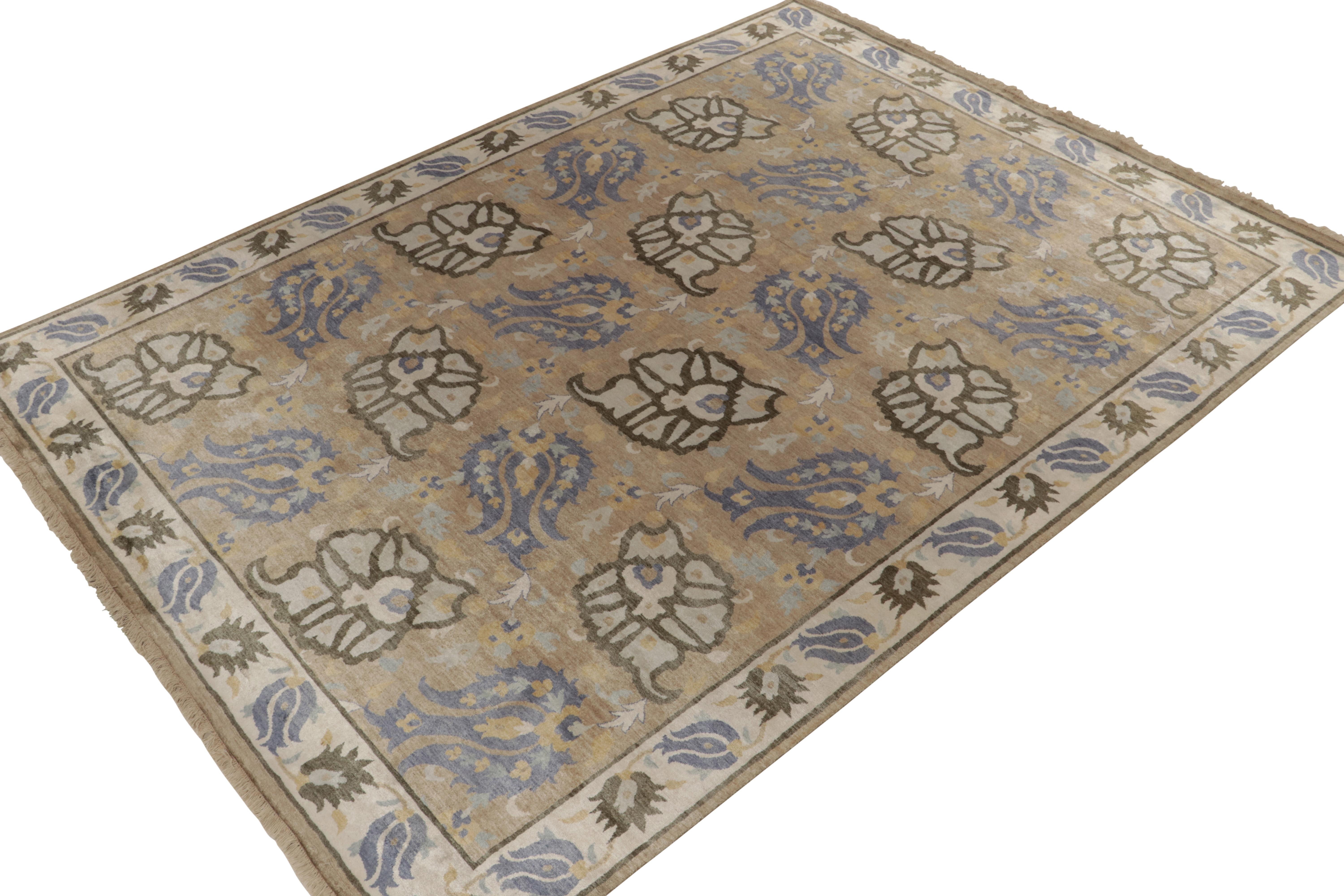 From Rug & Kilim’s Modern Classics selections, a 9x12 hand-knotted silk rug with an inventive adaptation of history styles. 

On the design: The field and border enjoy a take on tribal floral patterns, flourishing in blue, ivory and gold atop