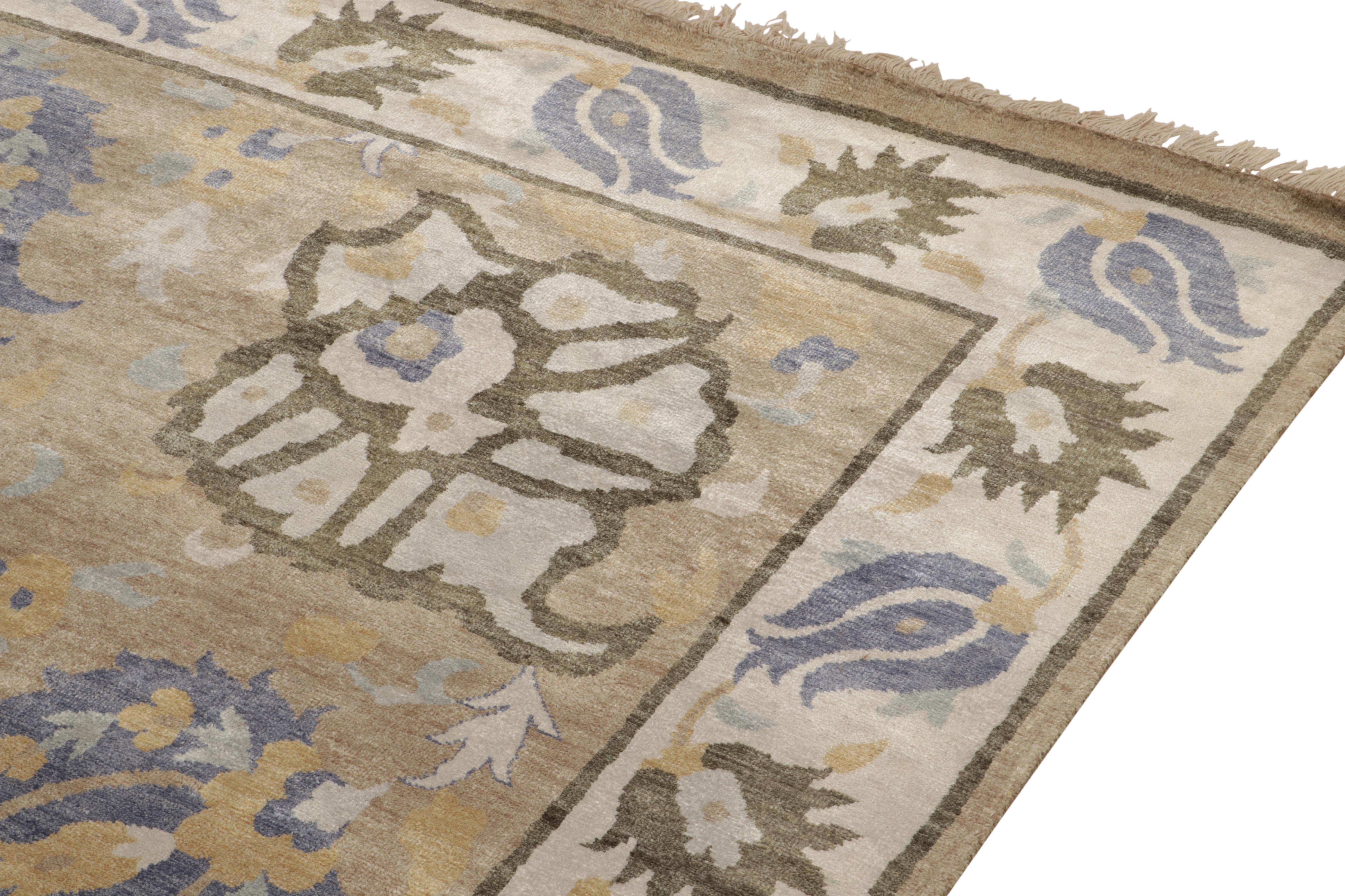 Rug & Kilim’s Transitional Rug in Beige-Brown & Blue Floral Patterns In New Condition For Sale In Long Island City, NY