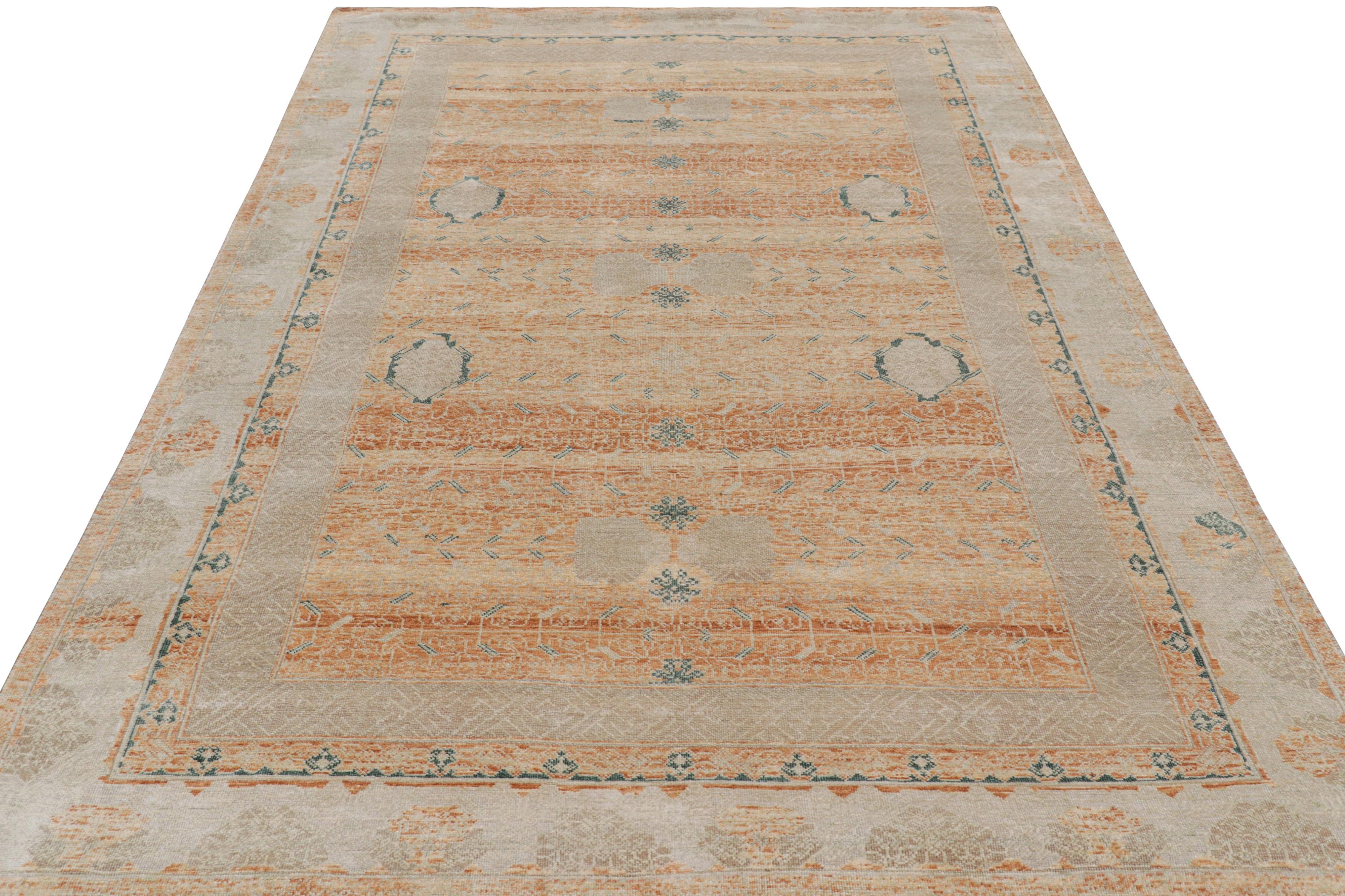 Annodato a mano Rug & Kilim: tappeto di transizione in arancione e grigio con motivi geometrici in vendita