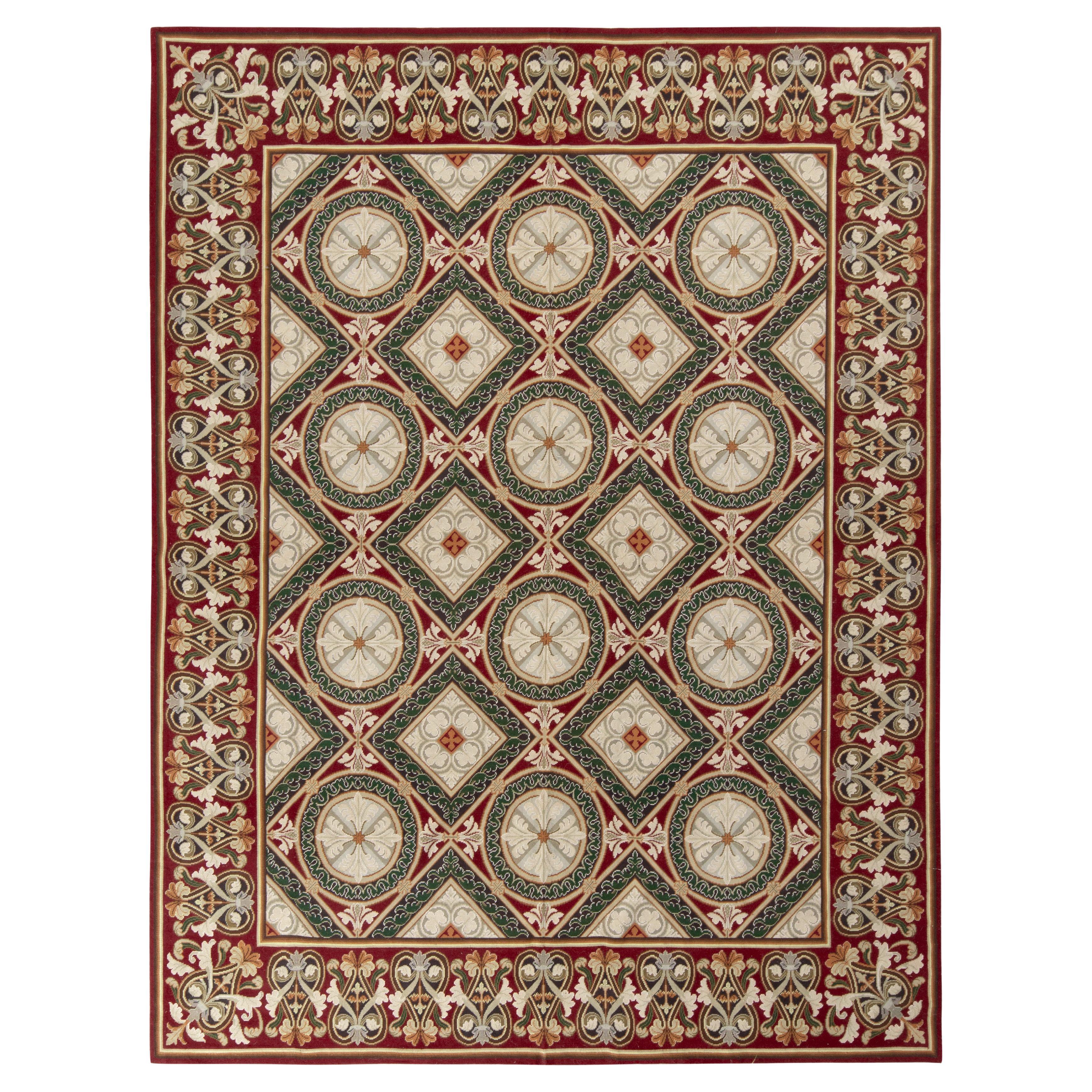 Rug & Kilim’s Transitional Style Needlepoint Rug, Red, Green Floral Pattern