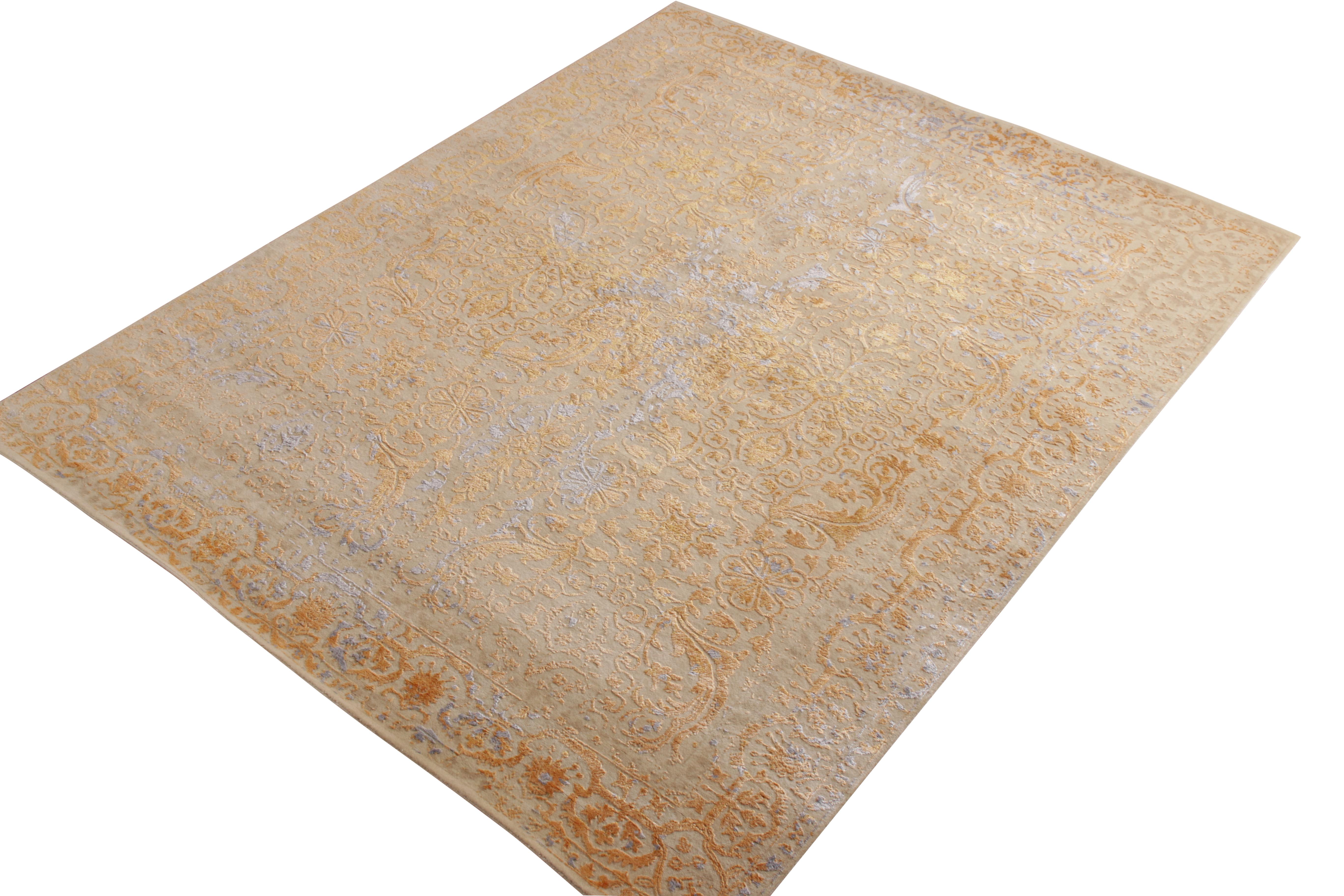 Other Rug & Kilim’s Transitional Style Rug in Beige and Gold High-Low Floral Pattern For Sale