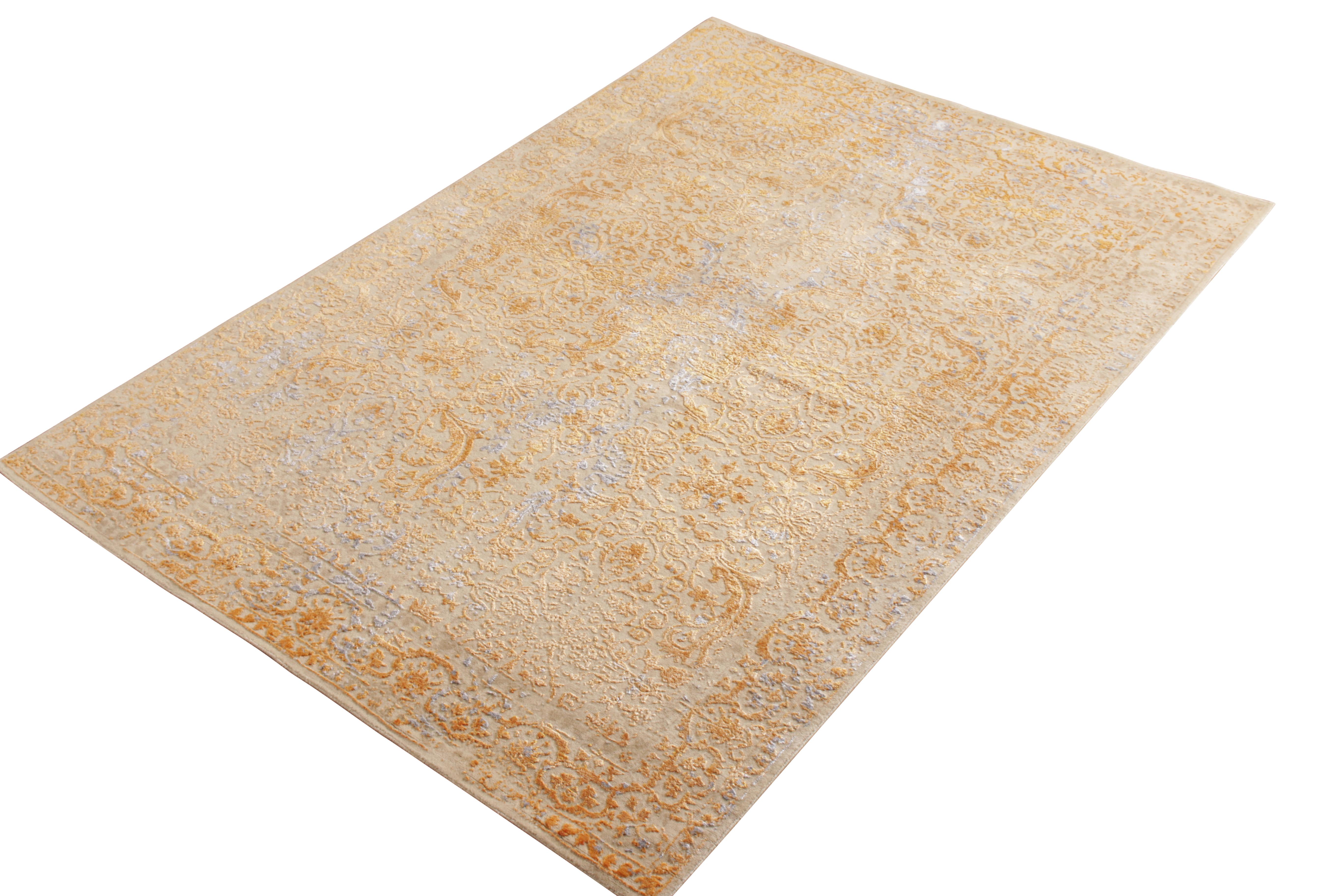 Other Rug & Kilim’s Transitional Style Rug in Beige and Gold High-Low Floral Pattern For Sale