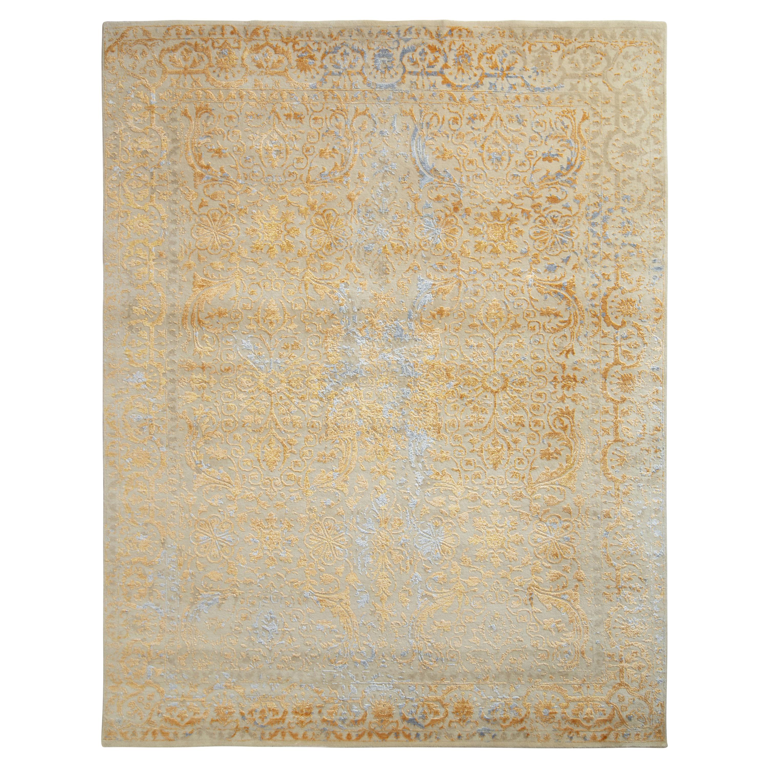 Rug & Kilim’s Transitional Style Rug in Beige and Gold High-Low Floral Pattern For Sale