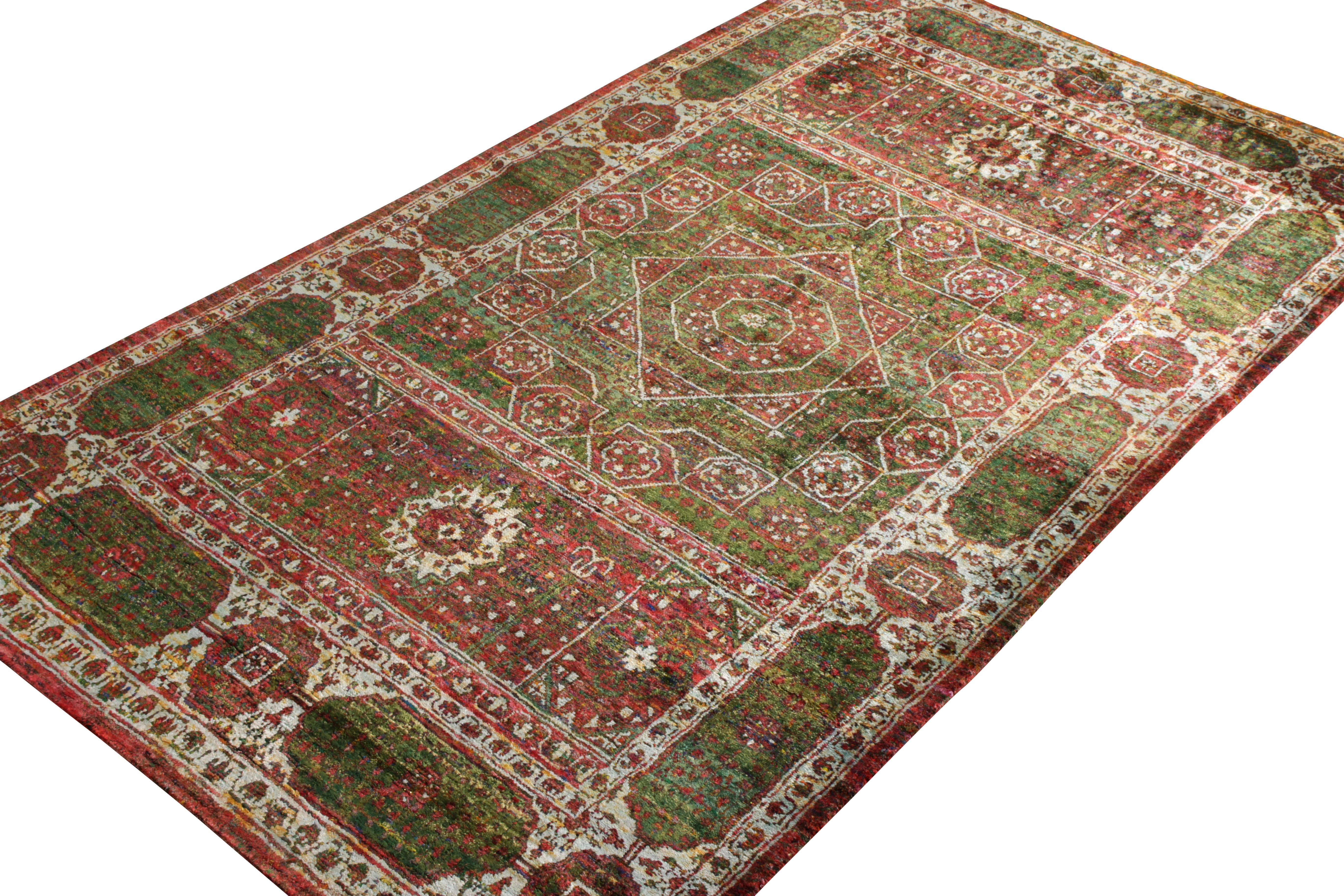 Modern Rug & Kilim’s Transitional Style Rug in Red & Green Medallion Floral Pattern For Sale