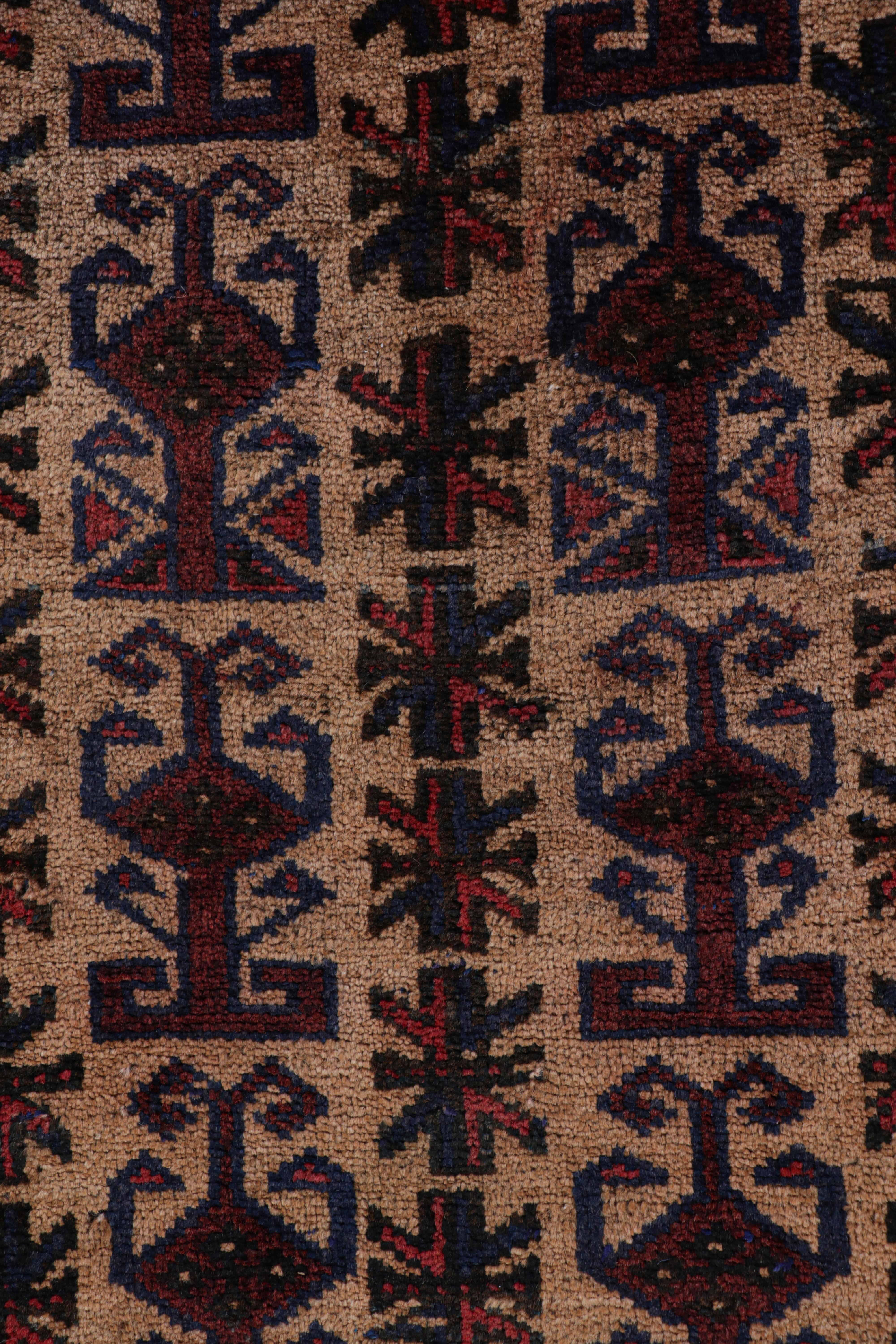 Afghan Rug & Kilim’s Tribal Baluch Rug in Beige with Geometric Patterns For Sale