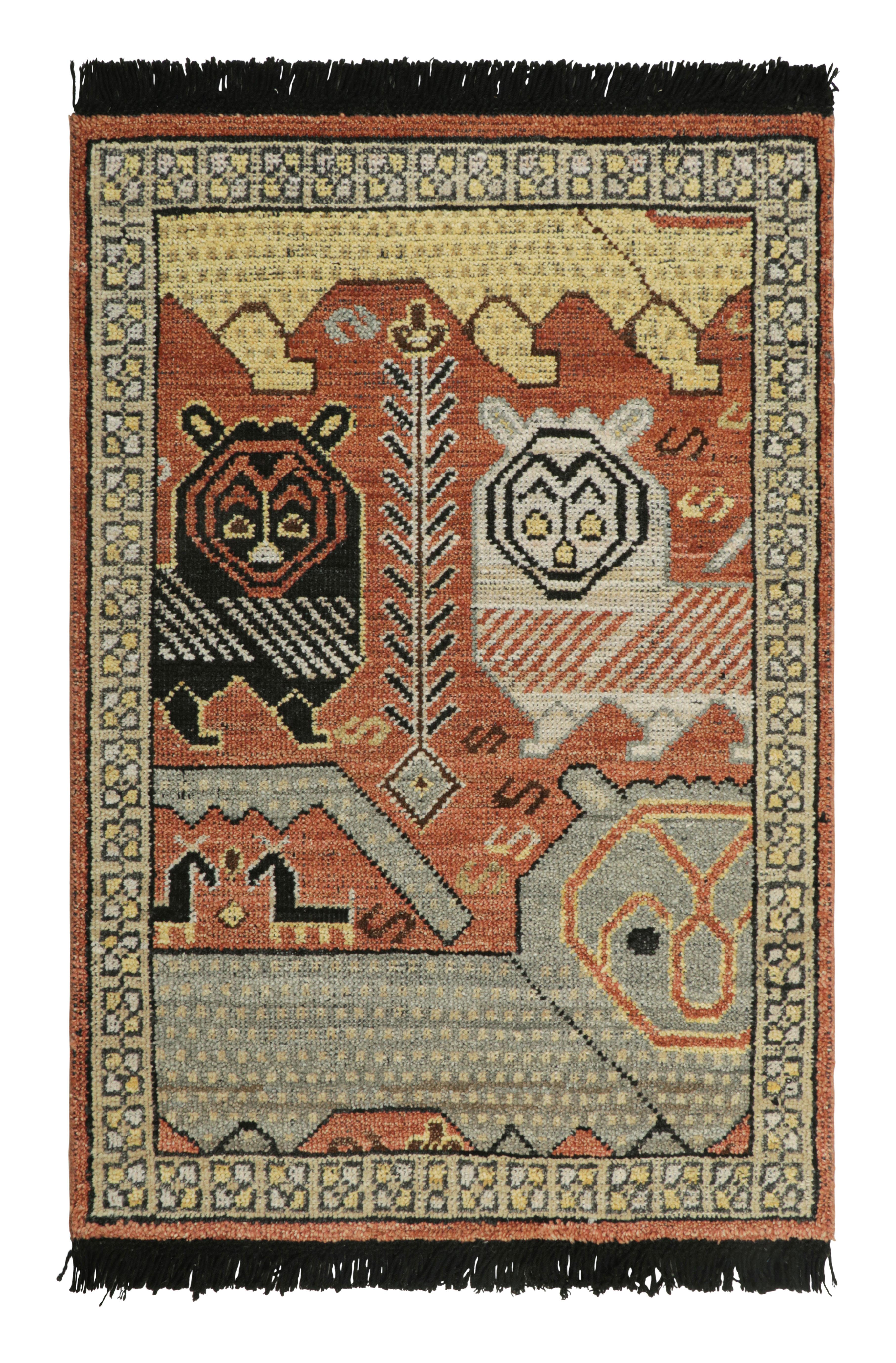 Annodato a mano Campione di tappeto tribale personalizzato Rug & Kilim con immagini di leoni ruggine, blu e bianchi in vendita