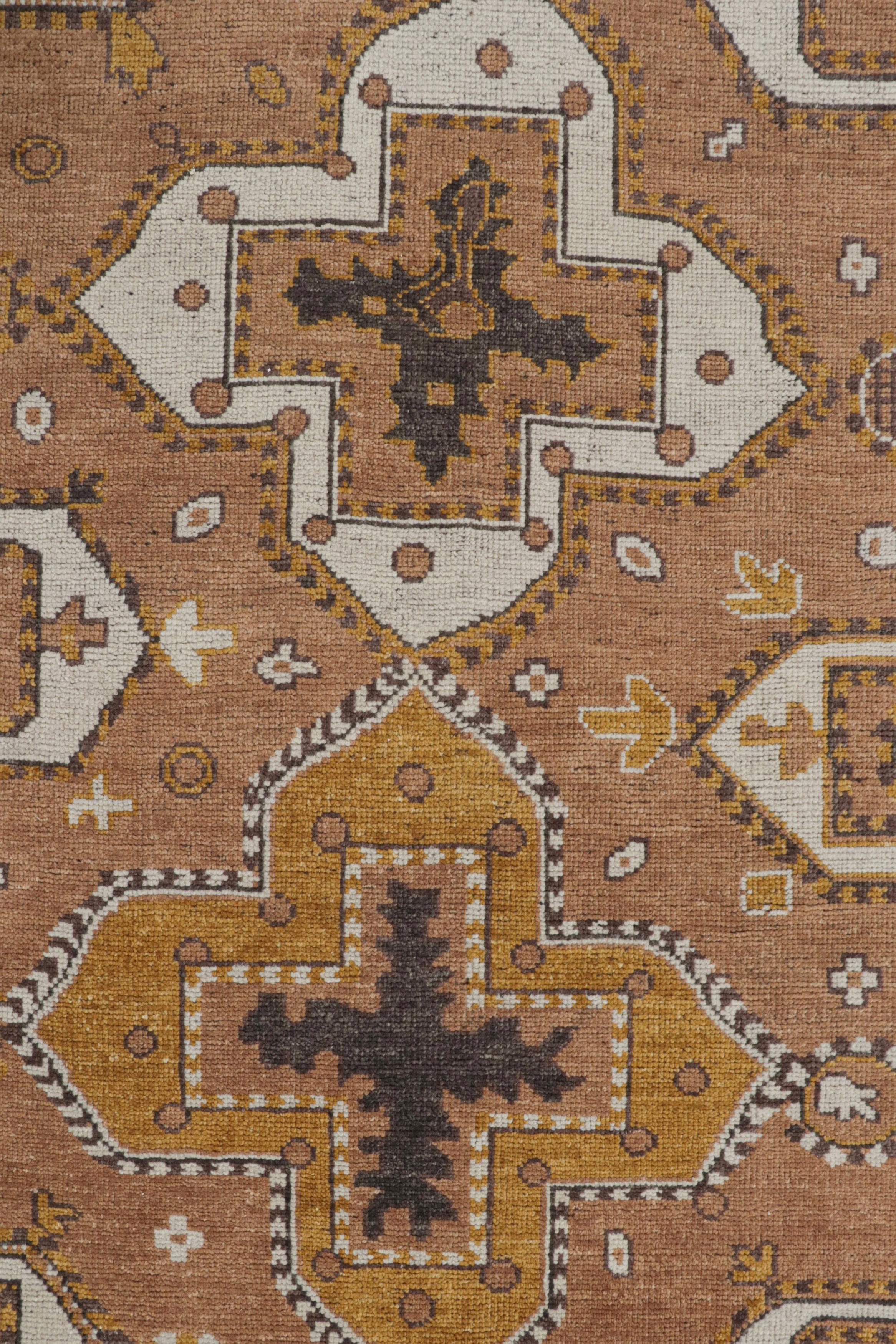 Indian Rug & Kilim’s Tribal inspired rug in Beige-Brown & Gold Geometric Patterns For Sale