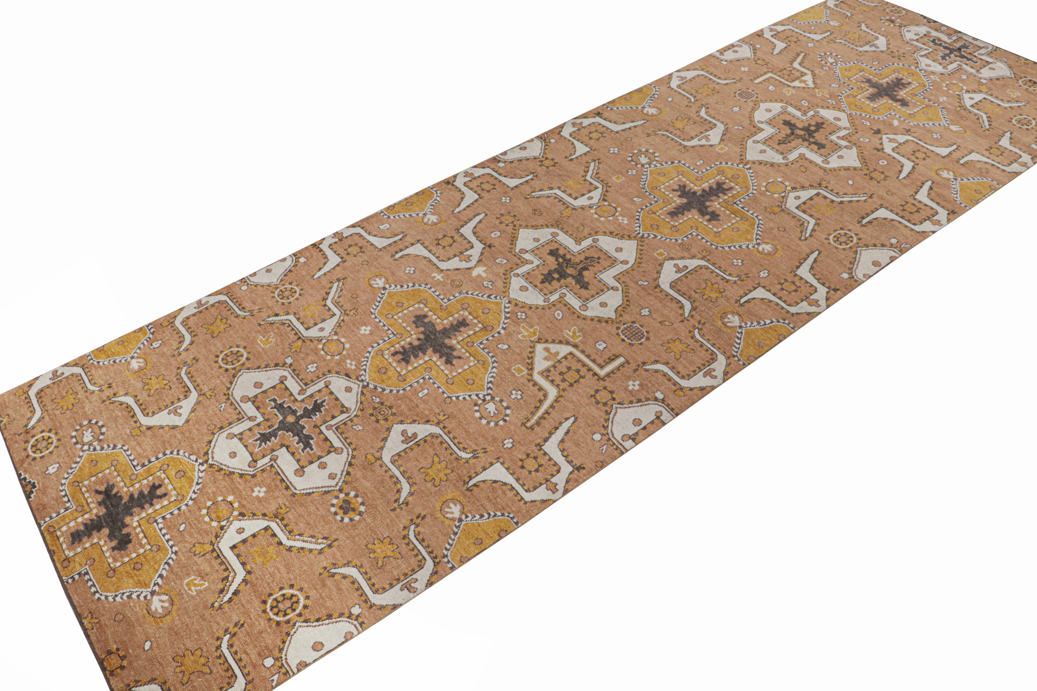 Hand-Knotted Rug & Kilim’s Tribal inspired rug in Beige-Brown & Gold Geometric Patterns For Sale