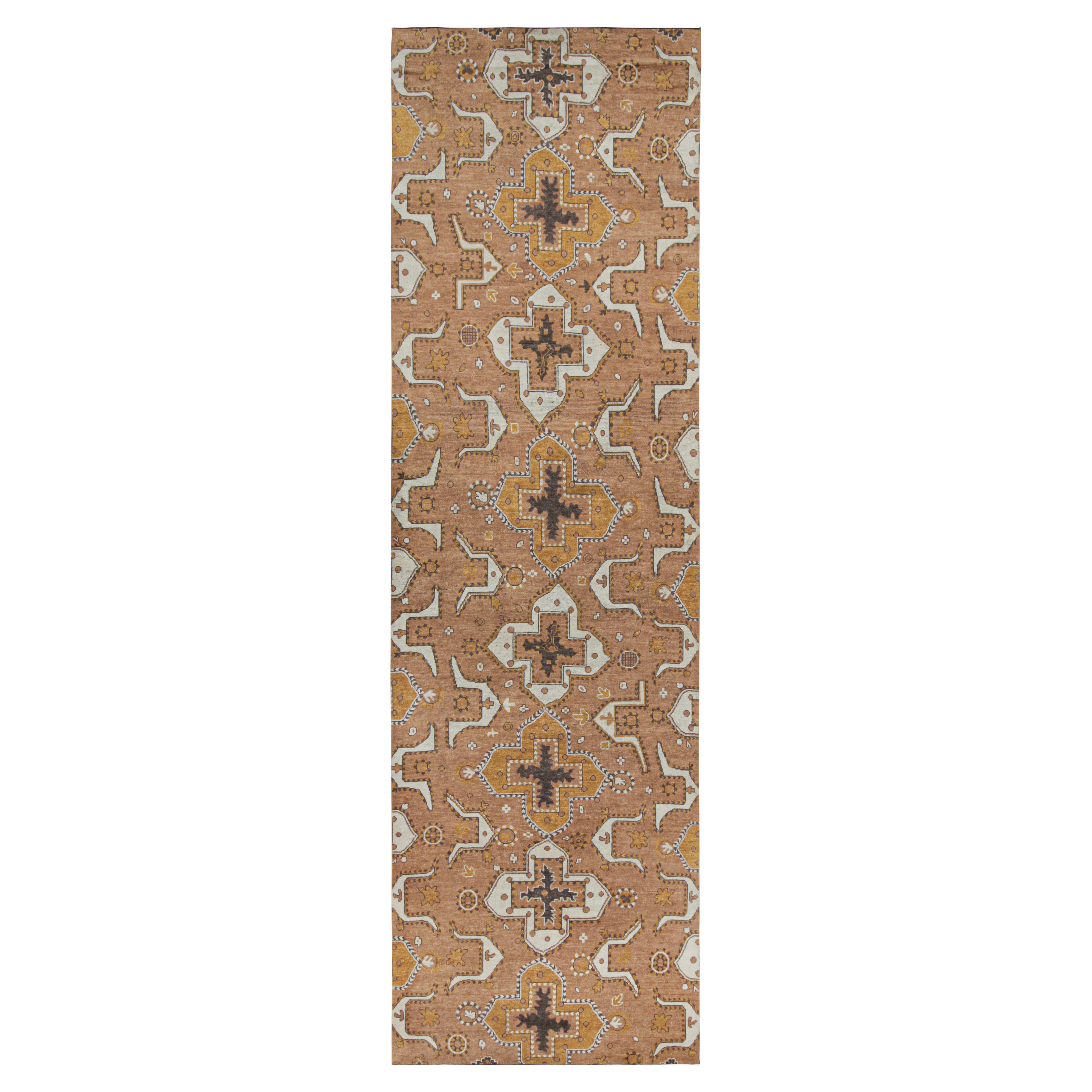 Rug & Kilim’s Tribal inspired rug in Beige-Brown & Gold Geometric Patterns For Sale