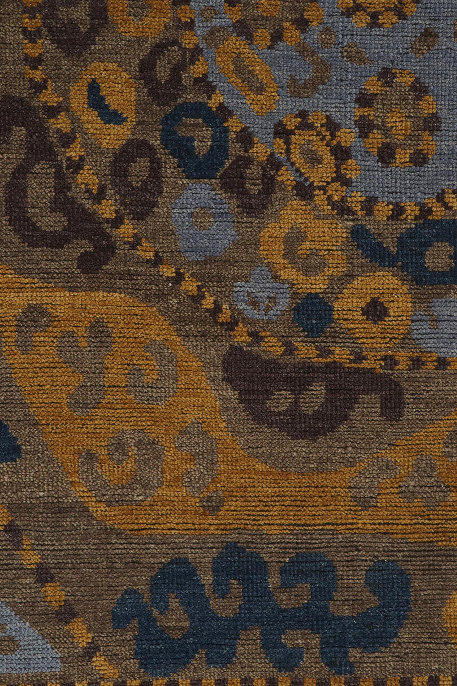Contemporary Rug & Kilim’s Tribal Inspired Rug in Blue, Brown, Gold Geometric Patterns For Sale