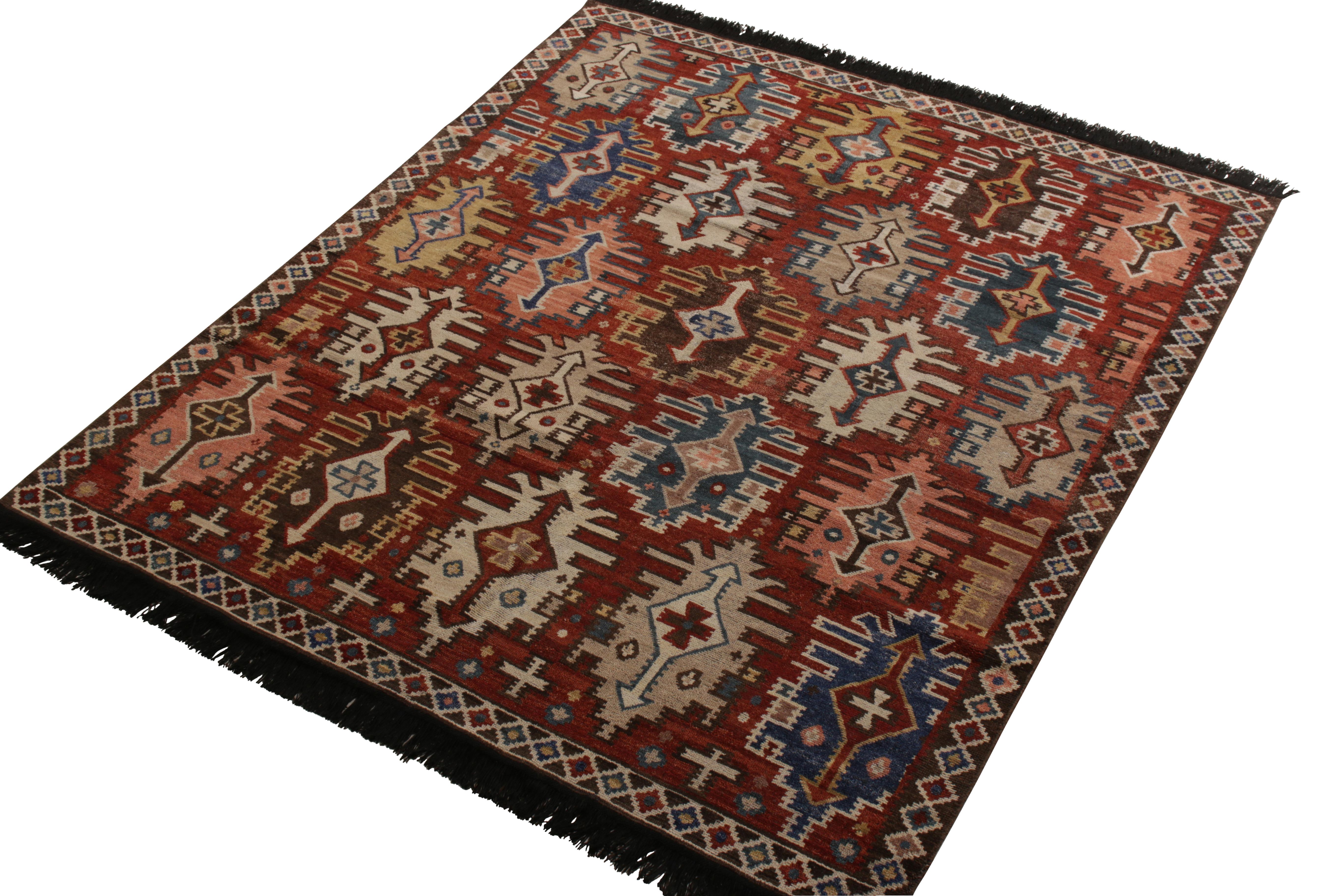 A 7 x 8 ode to classic Caucasian rug styles, from Rug & Kilim’s Burano Collection. Hand knotted in wool, drawing particular inspiration from tribal Kuba Kilim designs, sporting multicolor geometric patterns atop rich red. Enjoying an inviting sense