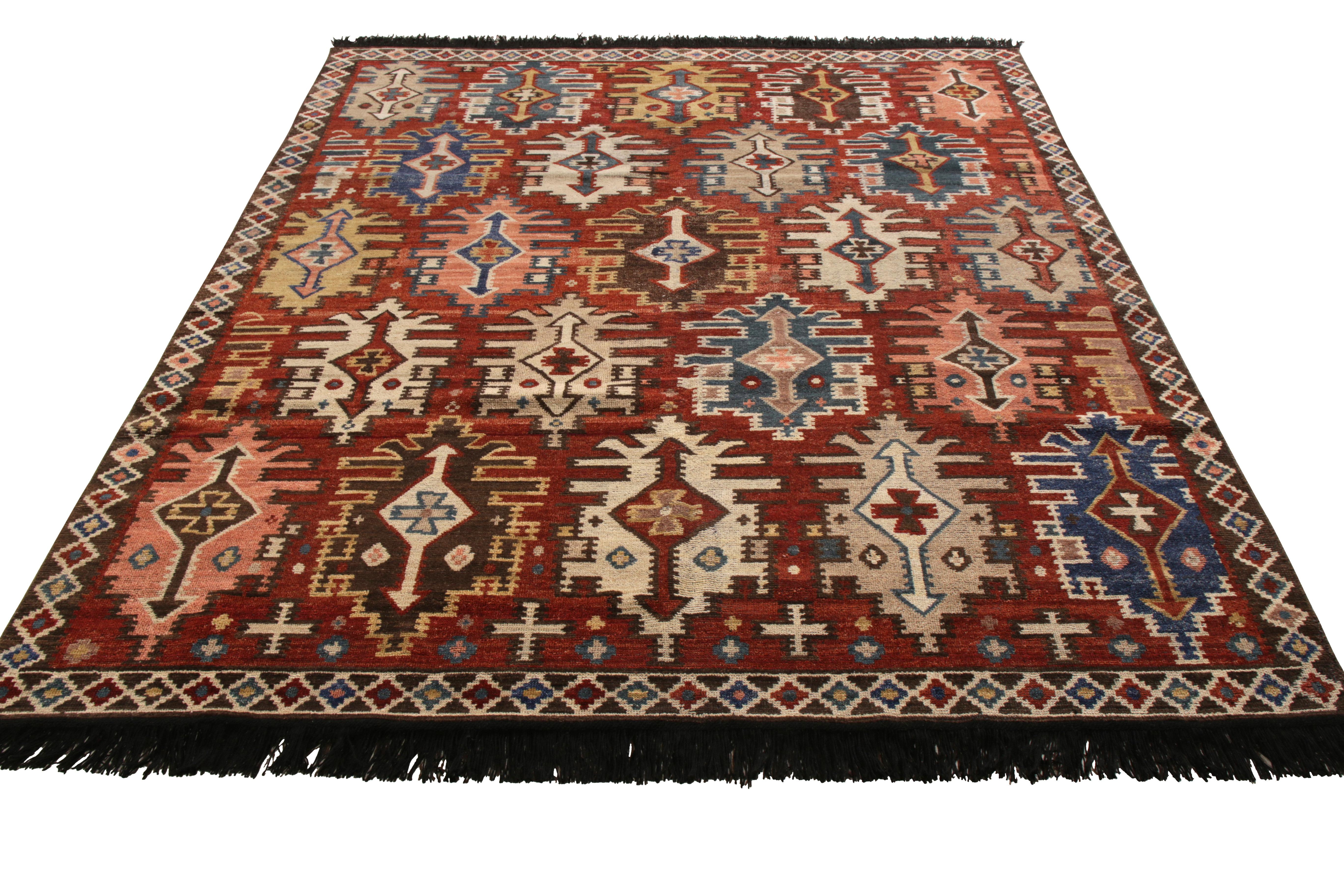 Modern Rug & Kilim’s Tribal Kuba Style Rug in Red and Beige Brown Geometric Pattern