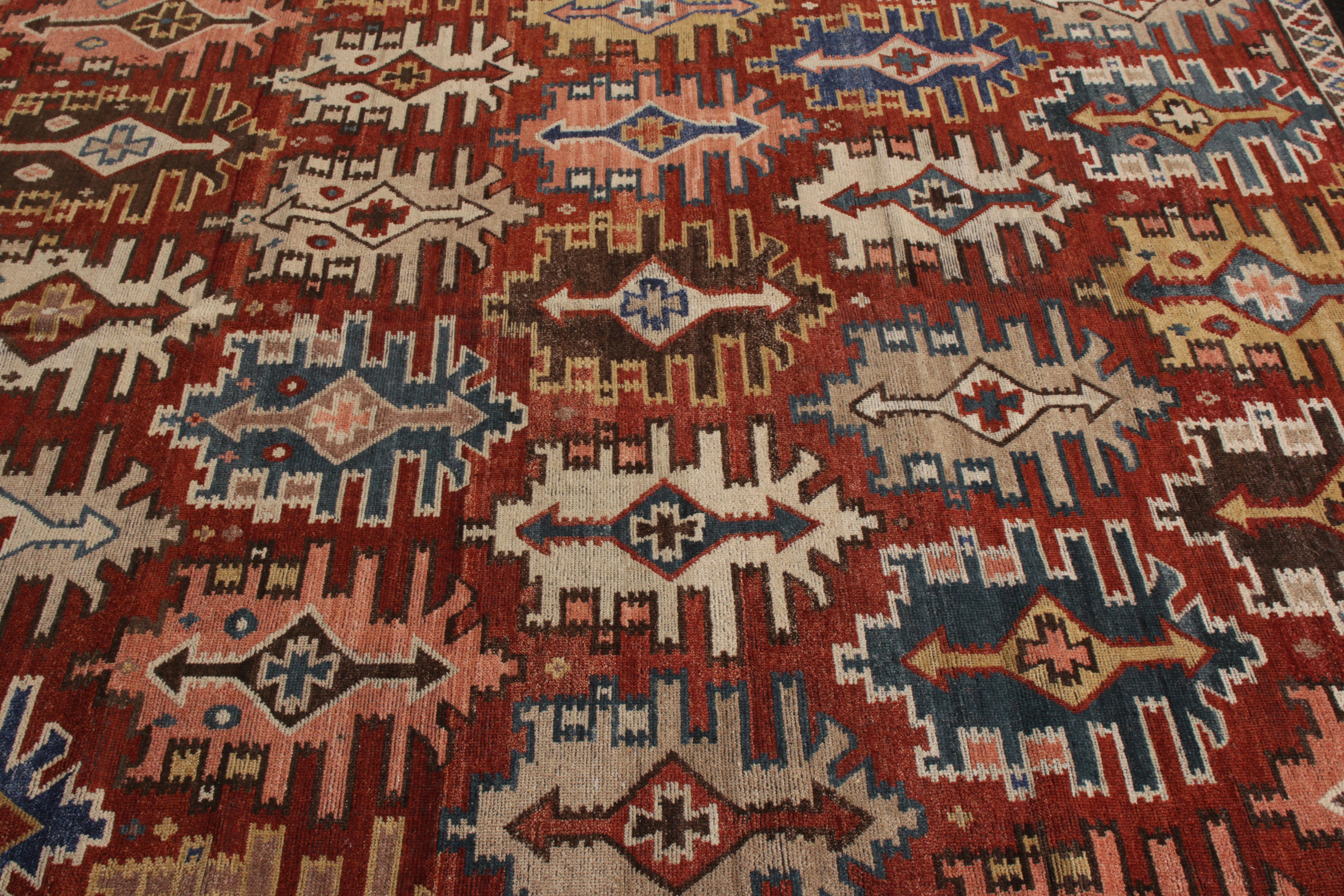 Indian Rug & Kilim’s Tribal Kuba Style Rug in Red and Beige Brown Geometric Pattern
