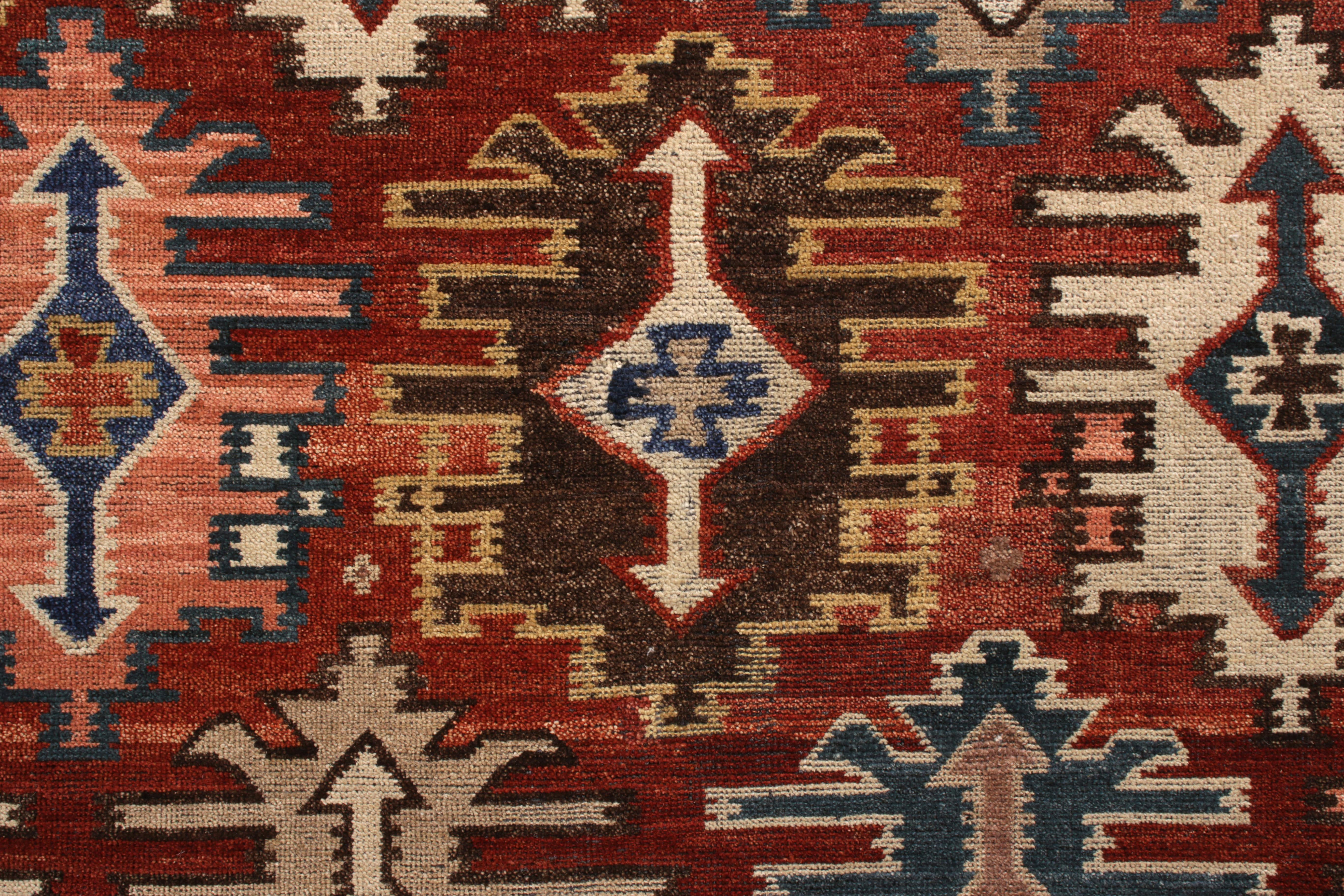 Hand-Knotted Rug & Kilim’s Tribal Kuba Style Rug in Red and Beige Brown Geometric Pattern