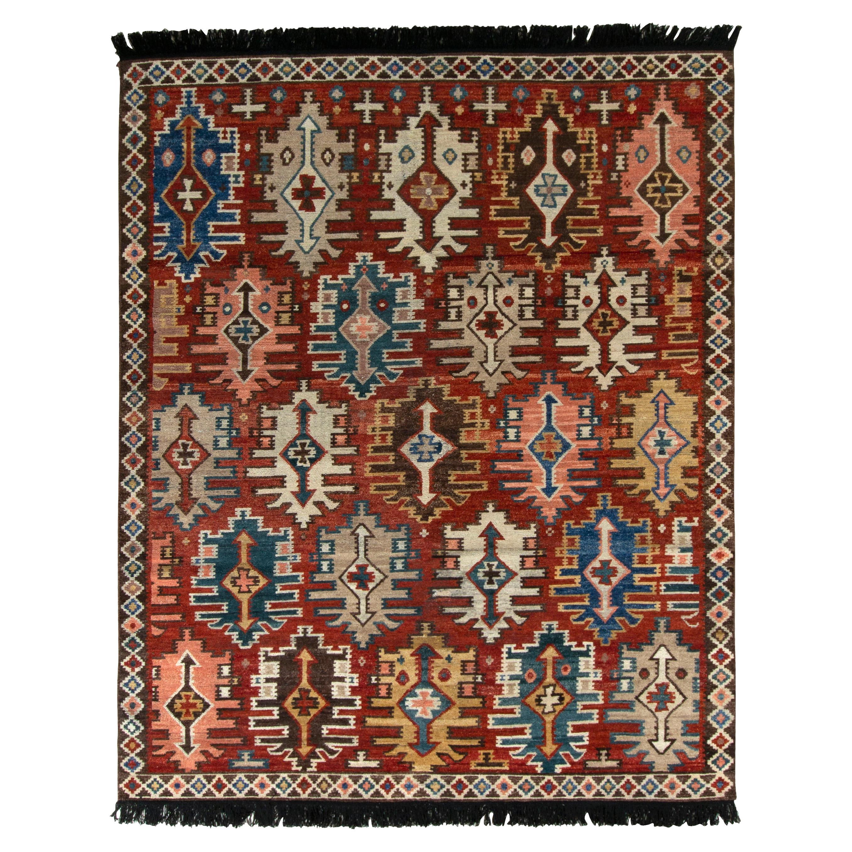 Rug & Kilim’s Tribal Kuba Style Rug in Red and Beige Brown Geometric Pattern