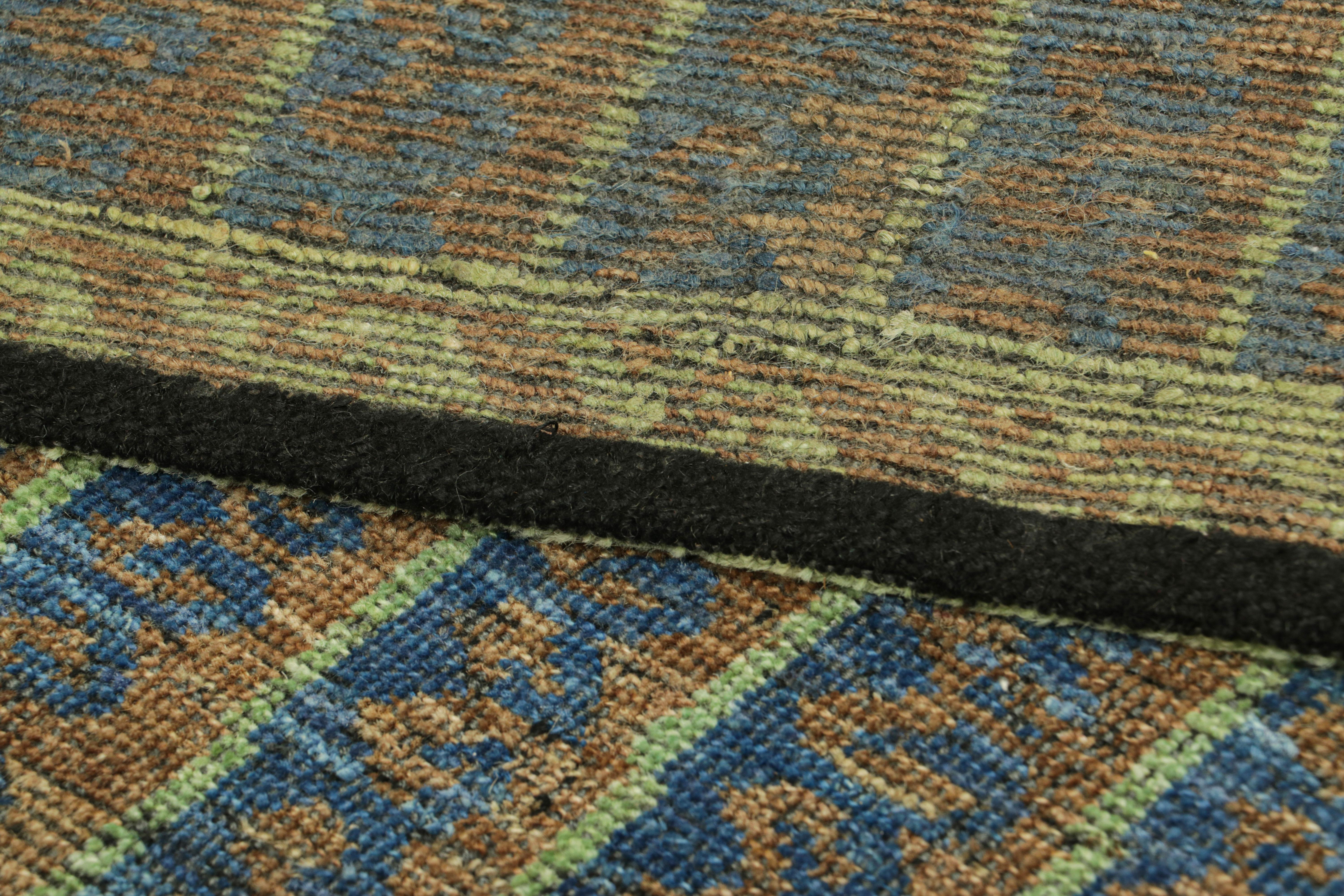 Indian Rug & Kilim’s Tribal Rug in Blue, Green, and Brown Geometric Patterns For Sale